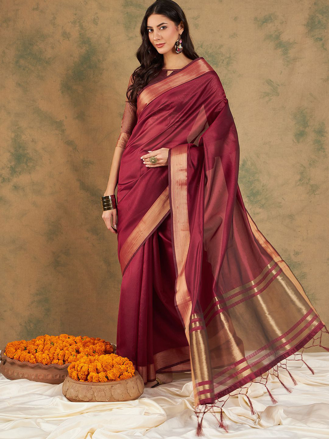 DEVATITHI Maroon Cotton Organza Saree