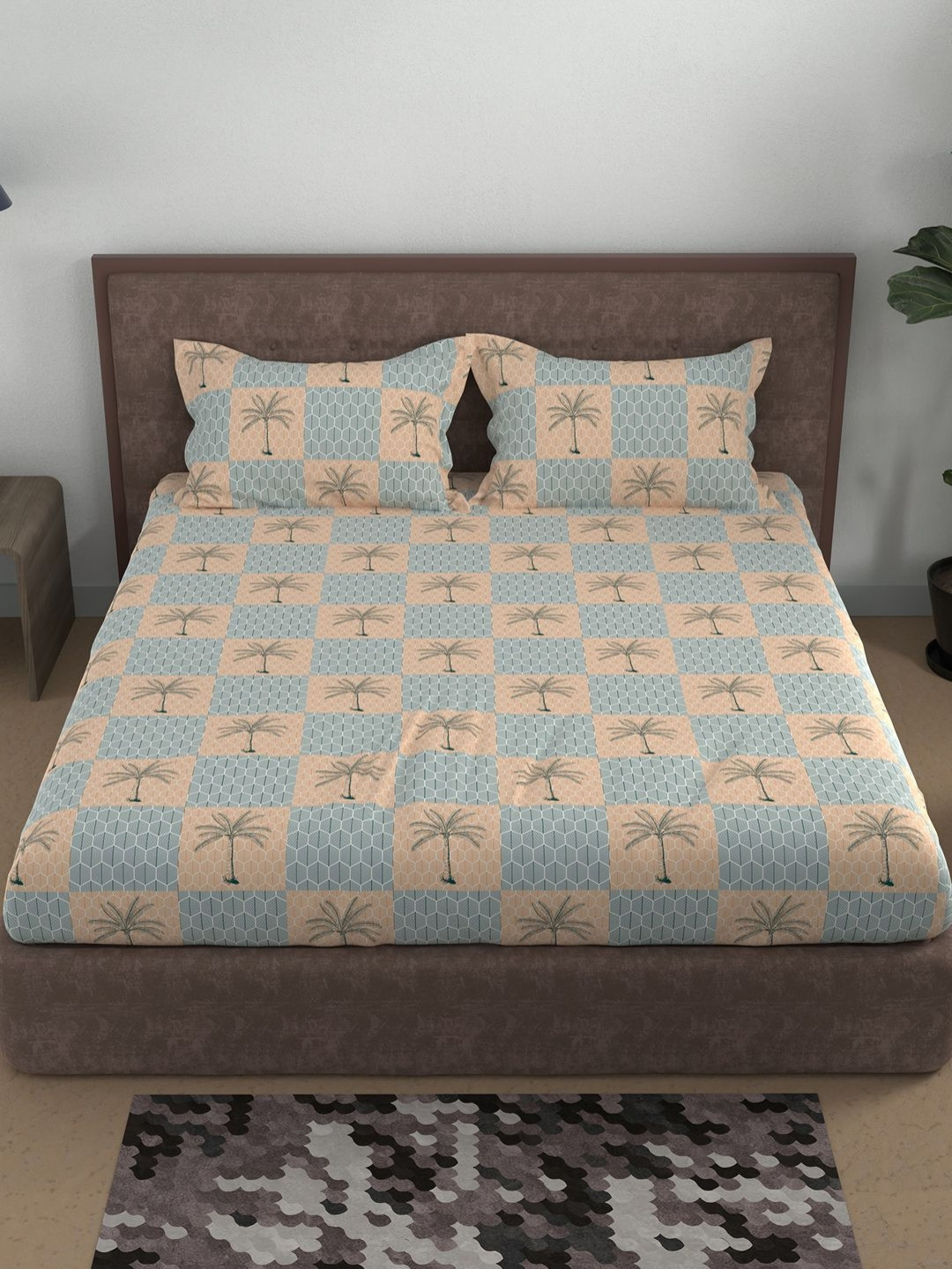BELLA CASA Blue Graphic Cotton 180 TC Queen Fine Bedsheet with 2 Pillow Covers-96 x 88 inches