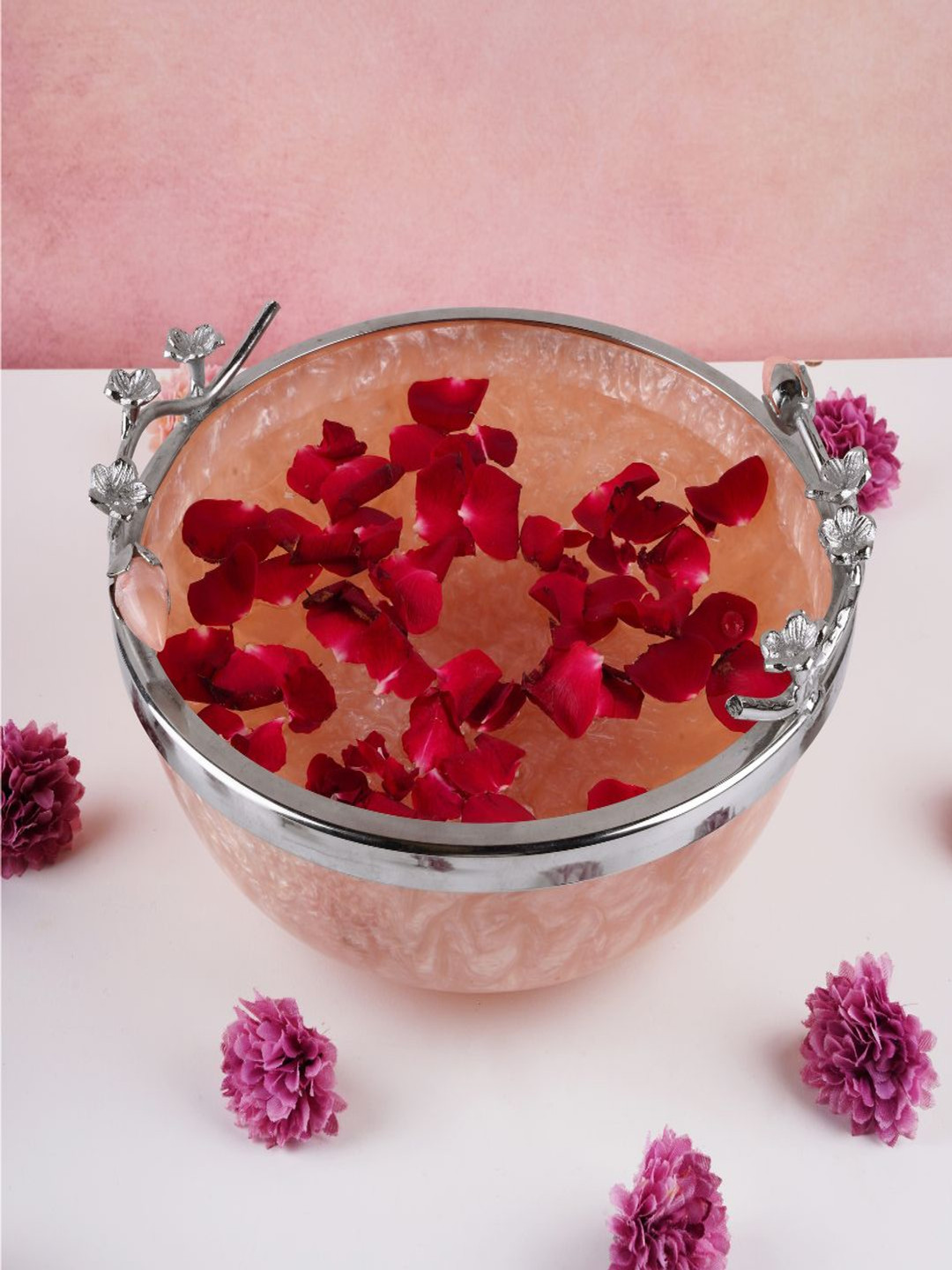 THE HOME CO. Pink and Silver-Toned Printed Silicone Easy to Clean Serving Bowl