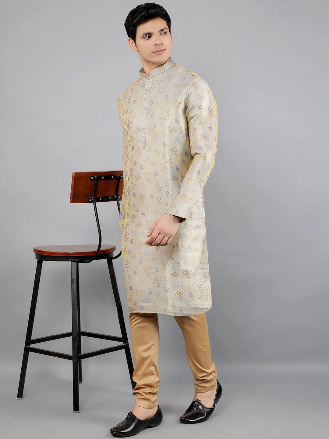 Manish Creations Men's Floral Woven Design Jacquard Straight Kurta With Churidar Set