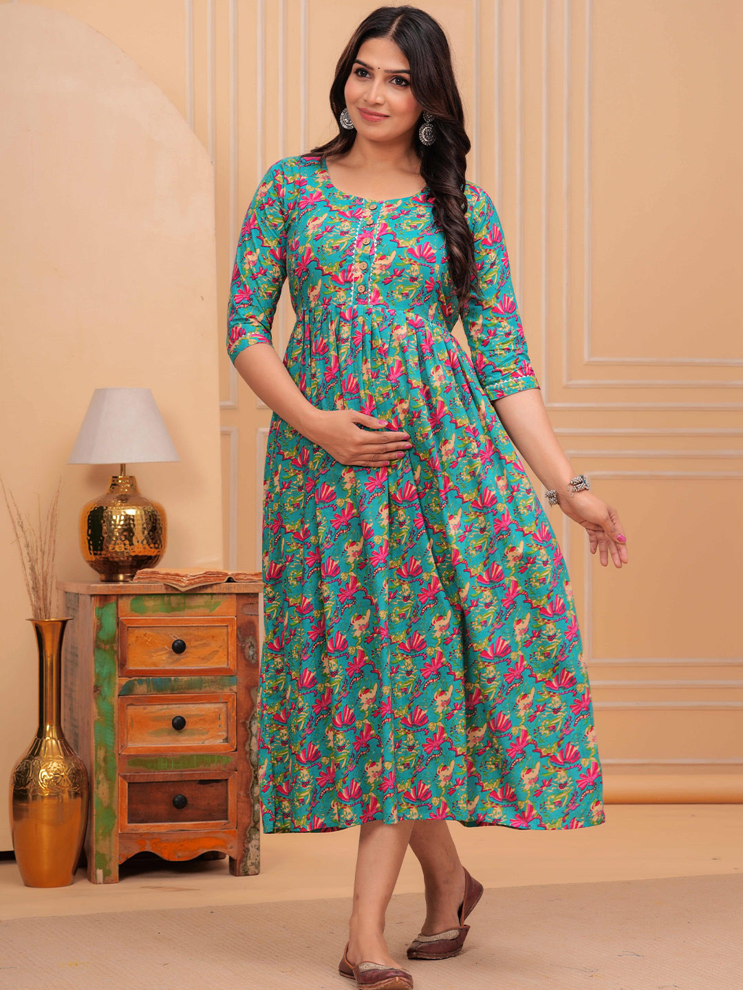 UrbanRang Floral Printed Cotton Maternity Maxi Dress