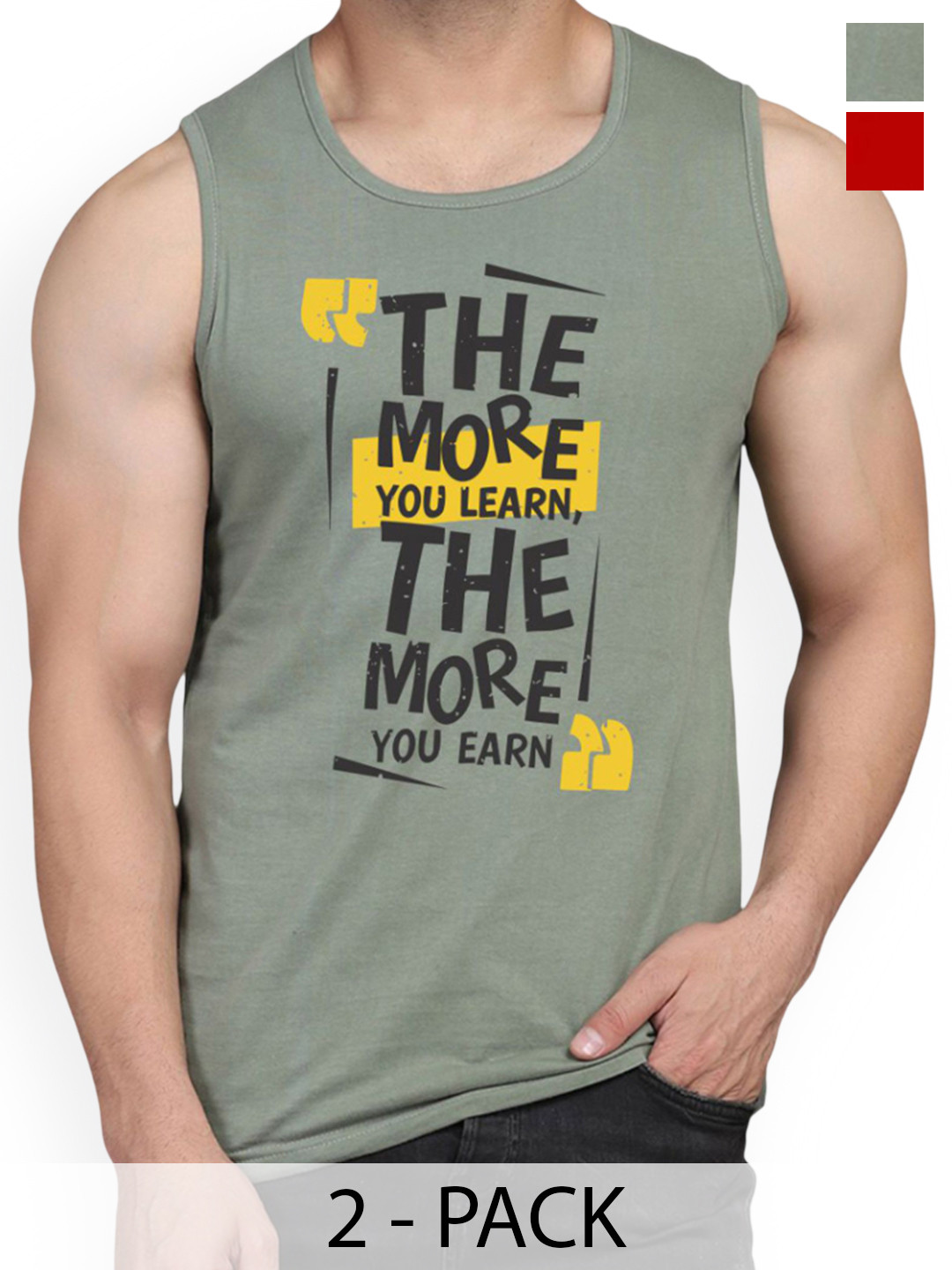 WOOSTRO Pack Of 2 Printed Gym Vests RS26 CMB (MORE LGTGREEN) (RUN RED)