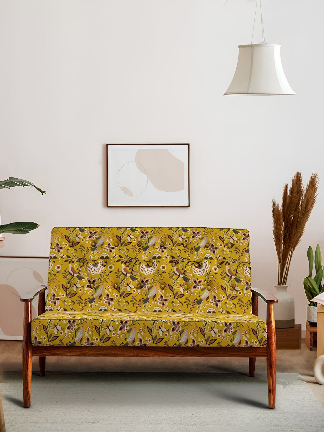 Chumbak Memsaab Love Seat Dragonfruit Palampur Yellow Floral Printed Two Seater Couch