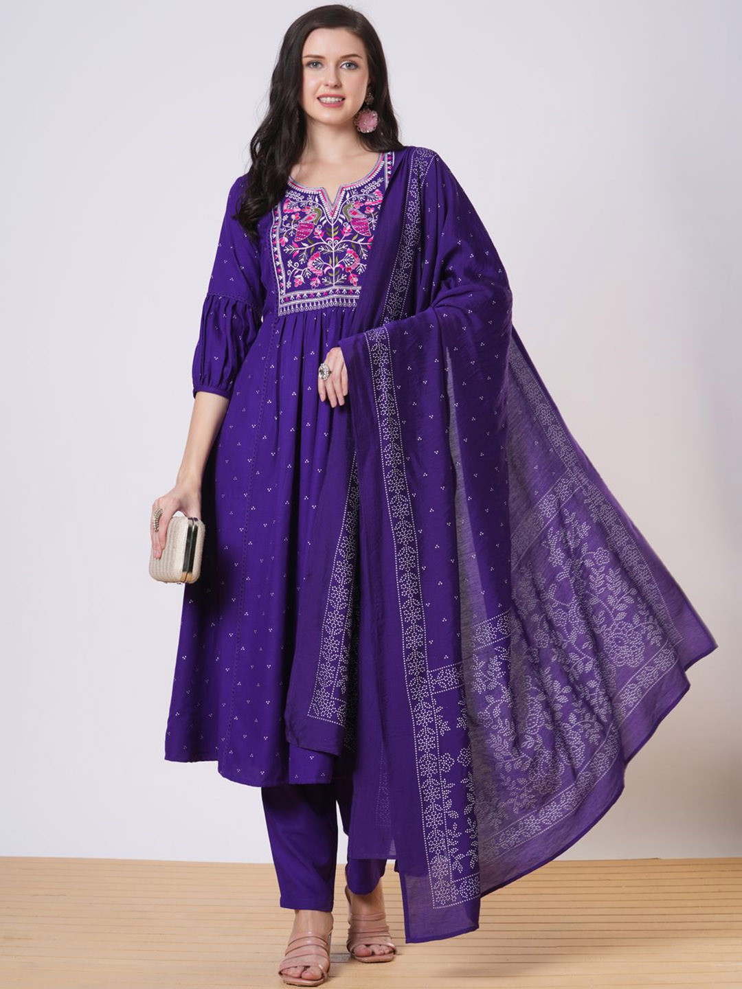 GoSriKi Kanota Floral Printed Notch Neck Pleated Anarkali Kurta With Trousers & Dupatta