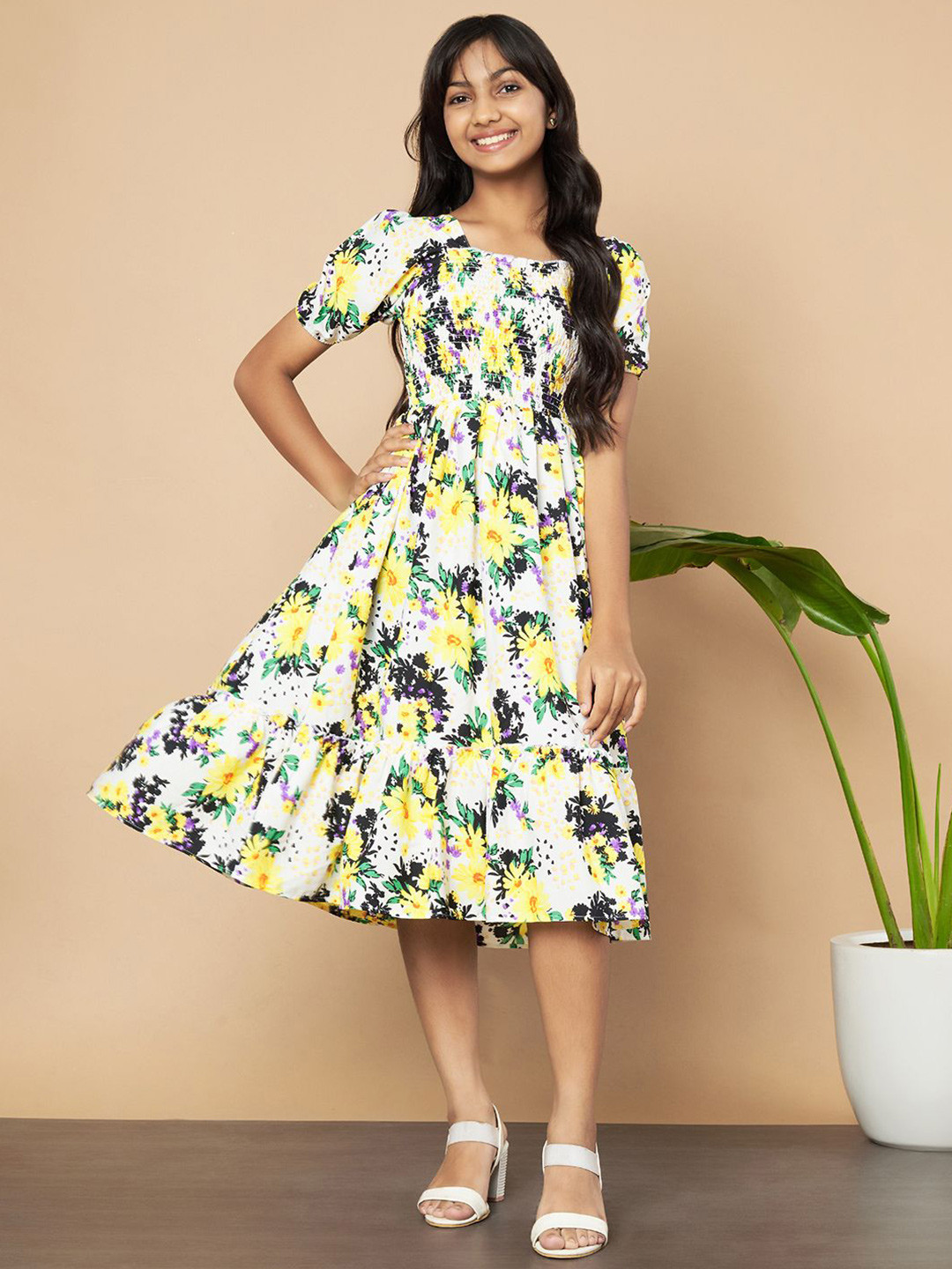 ZWERLON Girls Floral Printed Puff Sleeve A-Line Midi Dress