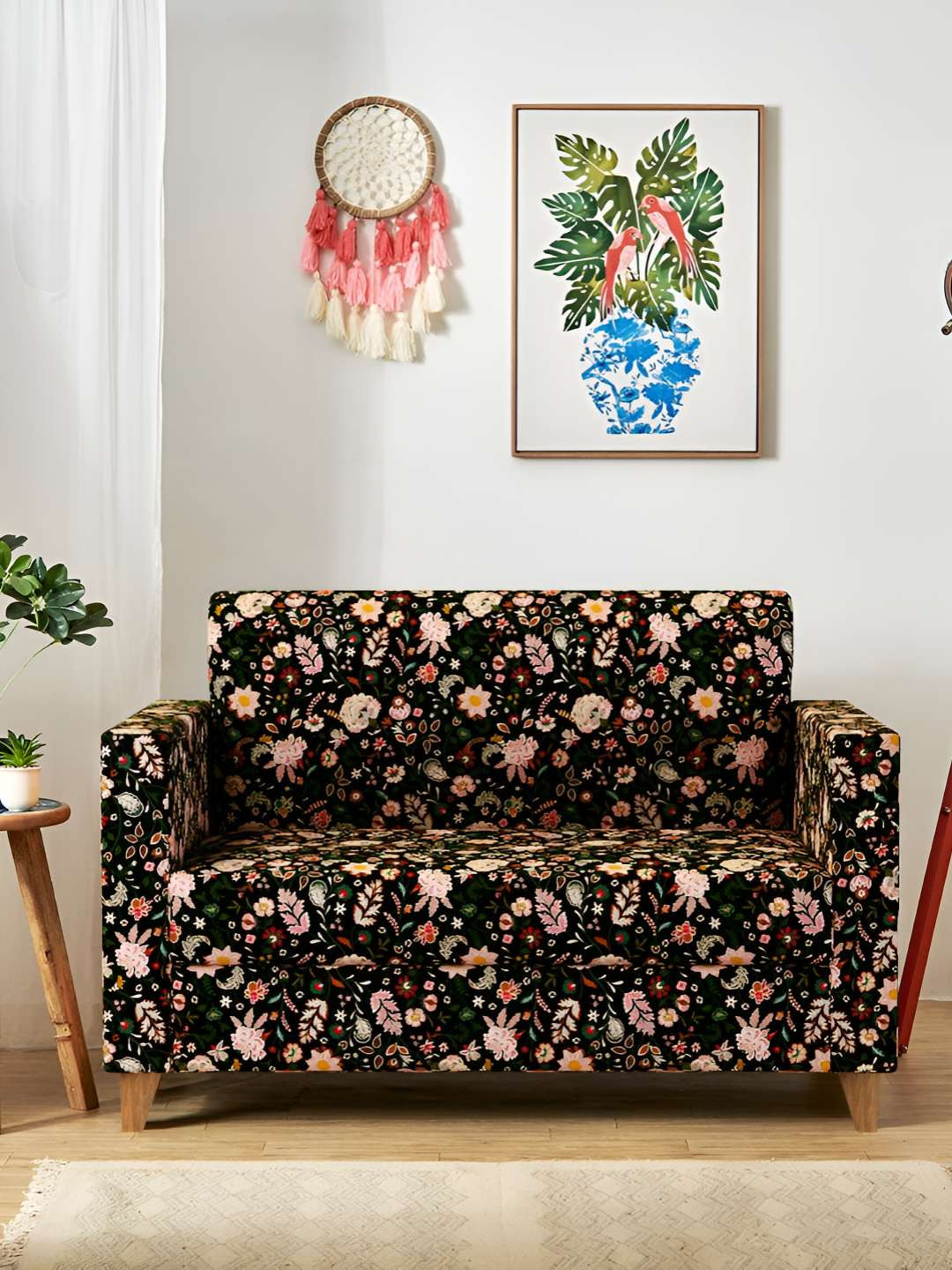 Chumbak Modern Loveseat-Bohemian Palampore Black & Pink Printed 2 Seater Inflatable Sofa
