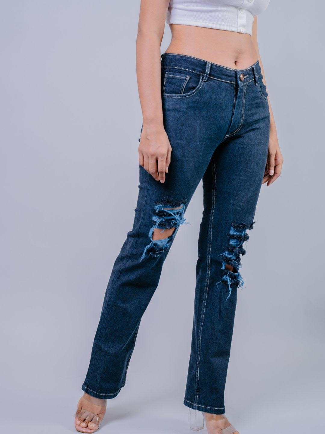 Wasomii Women Jean Flared Highly Distressed Light Fade Stretchable Jeans