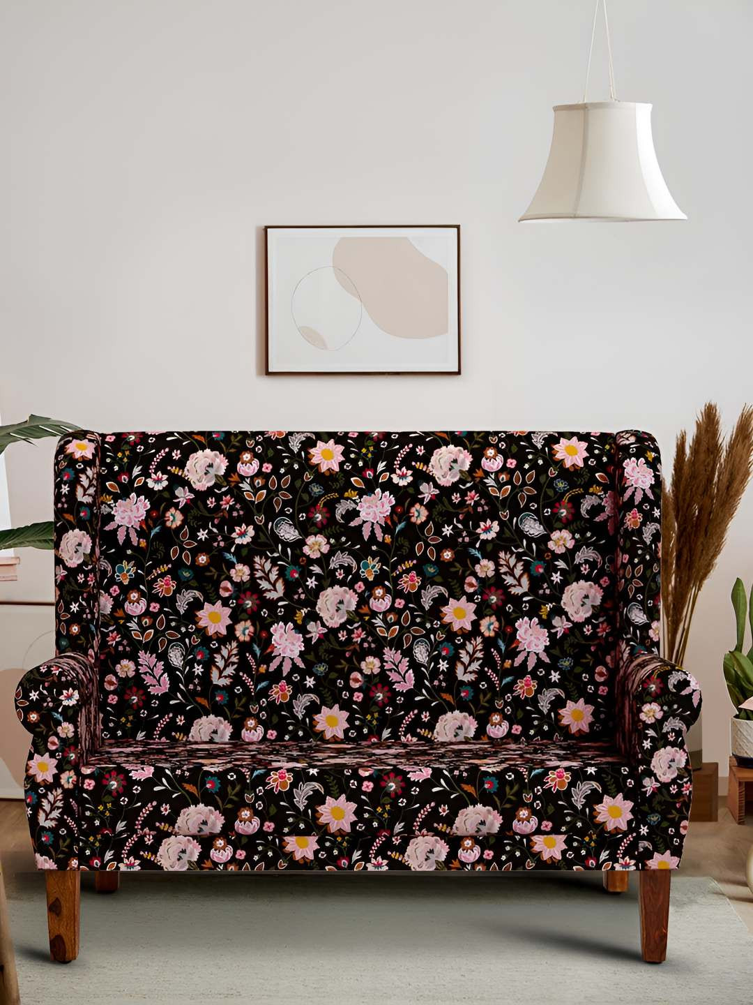 Chumbak Begum Love Seat Bohemian Palampore Black Floral Printed Two Seater Inflatable Sofa