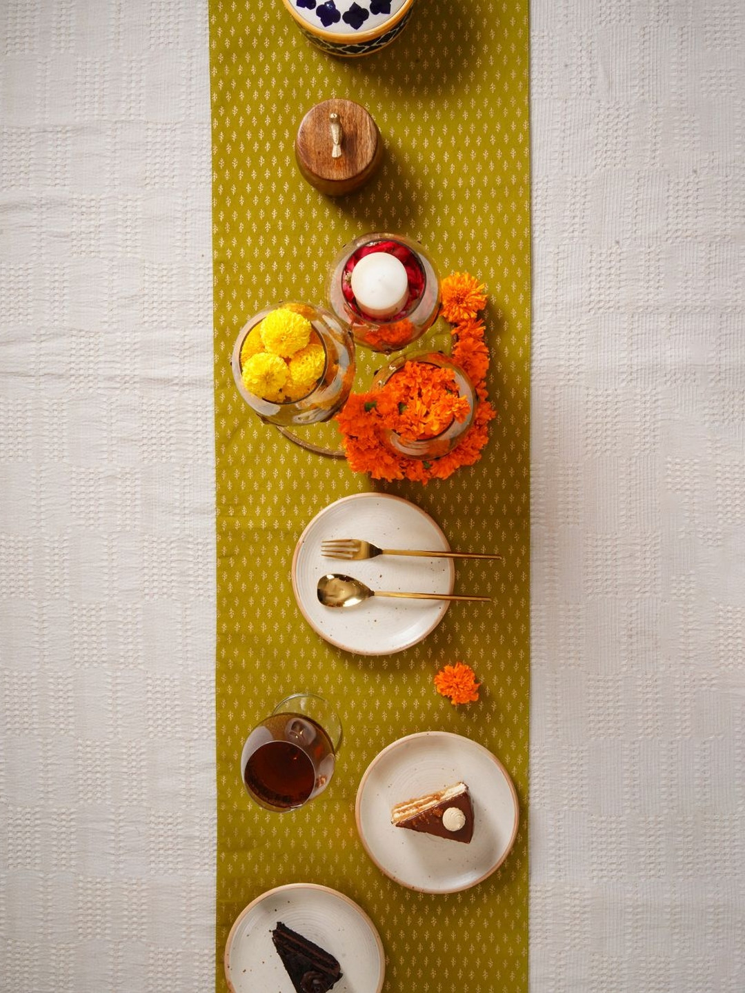 Ratan Cart Olive-Green & Gold-Toned Ethnic Motifs Printed Table Runner