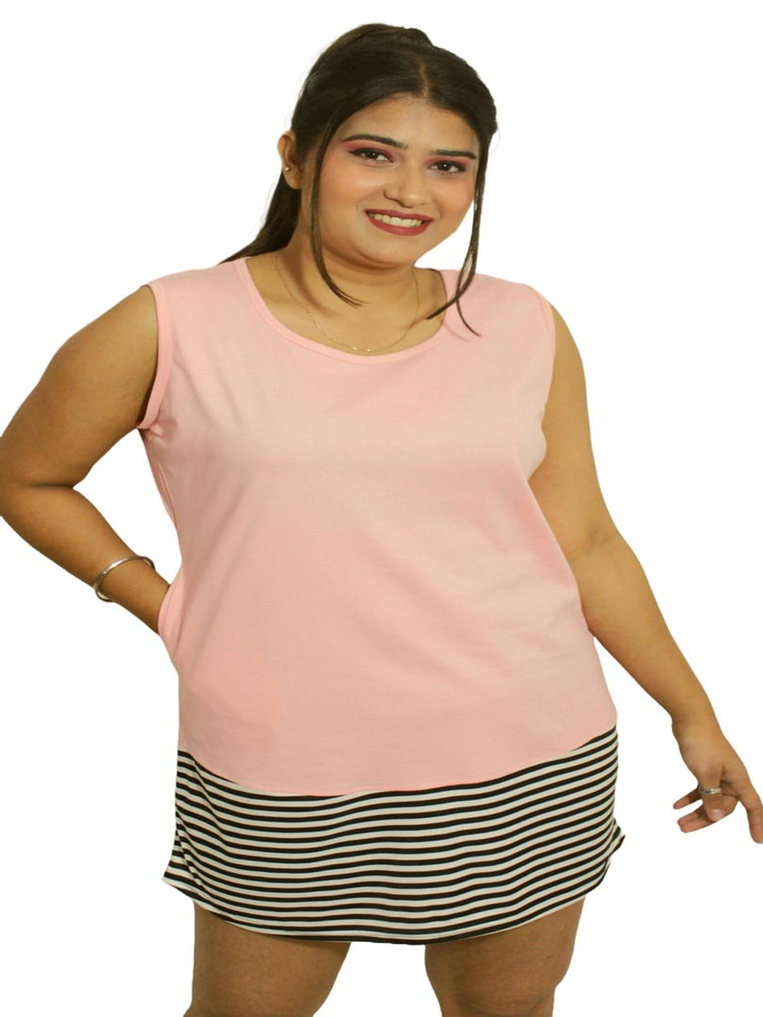 PINK SHELL Women Striped Drop-Shoulder Sleeves Cut Outs T-shirt