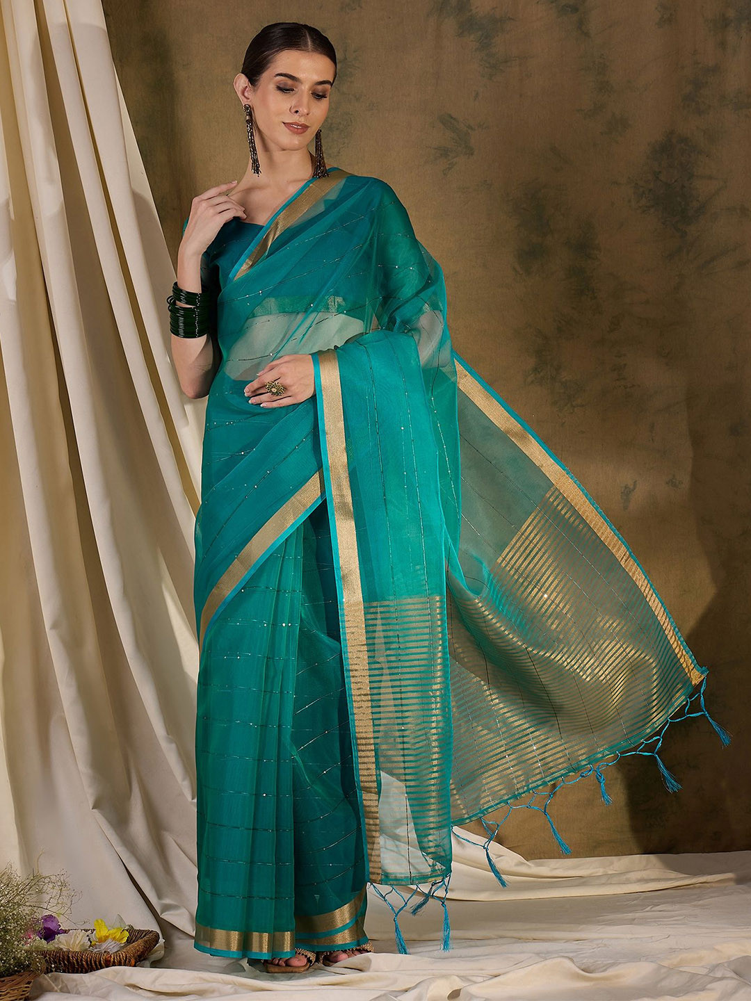 DEVATITHI Teal Organza Silk Saree