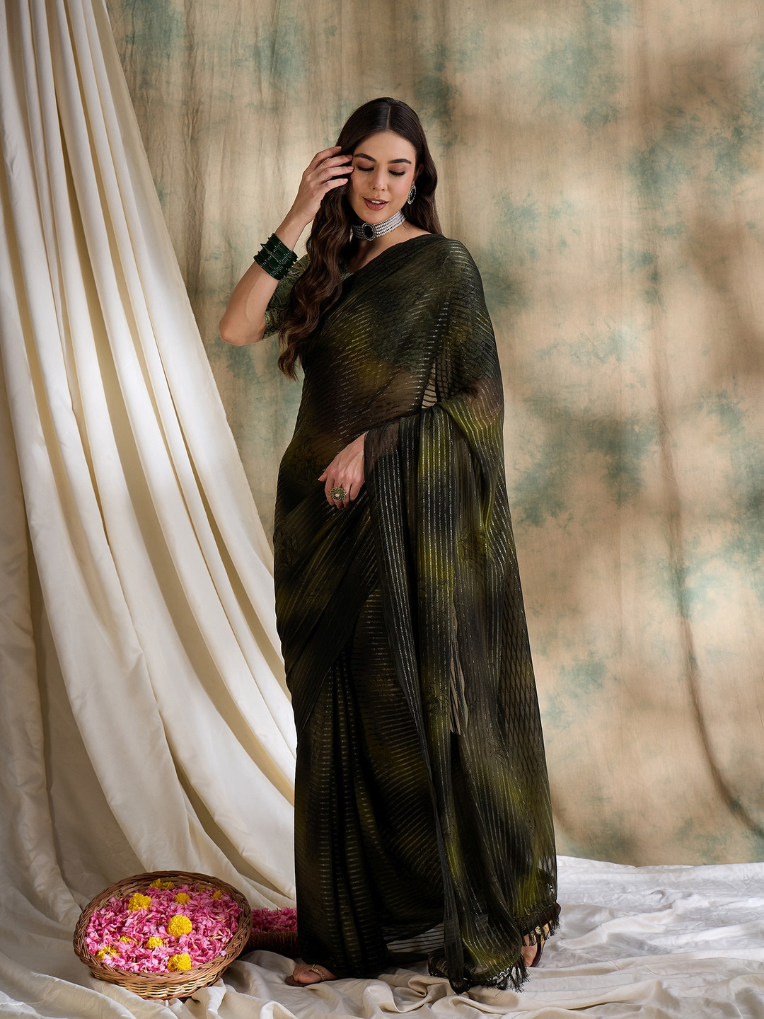 DEVATITHI Striped Olive Green Sparkle Lining Saree