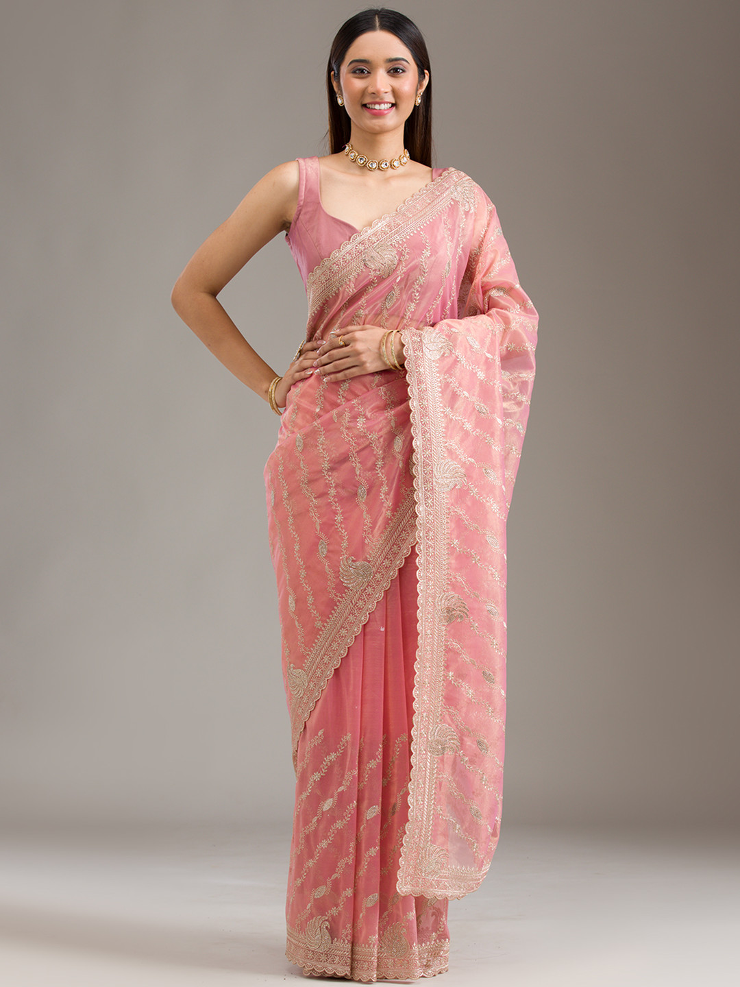 Koskii Heavy Work Pink Embellished Art Silk Saree