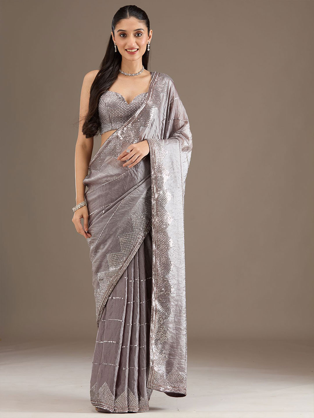 Koskii Brown Embellished Tissue Saree