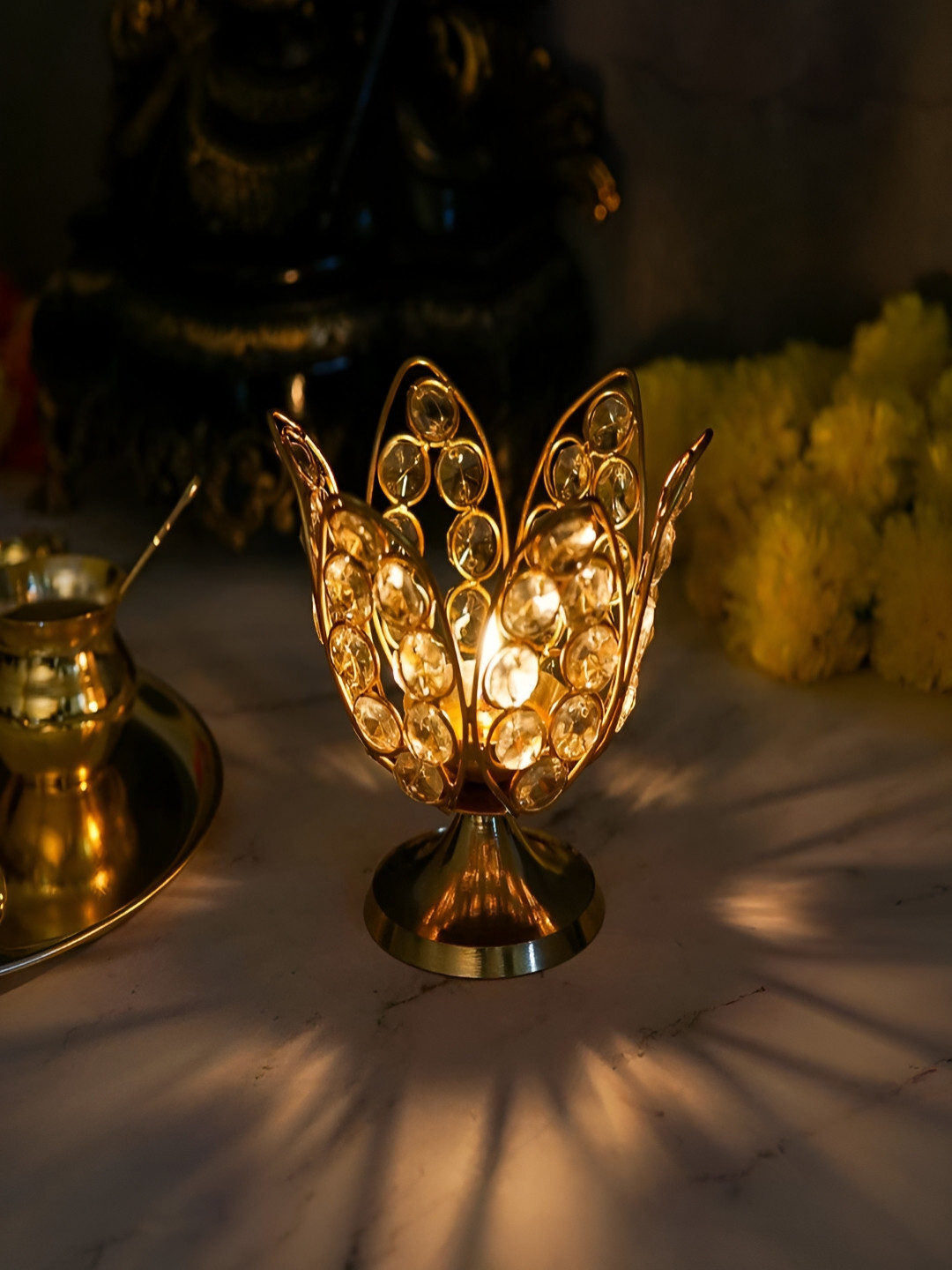Craftlayout Gold-Toned Brass Crystal Lotus Diya