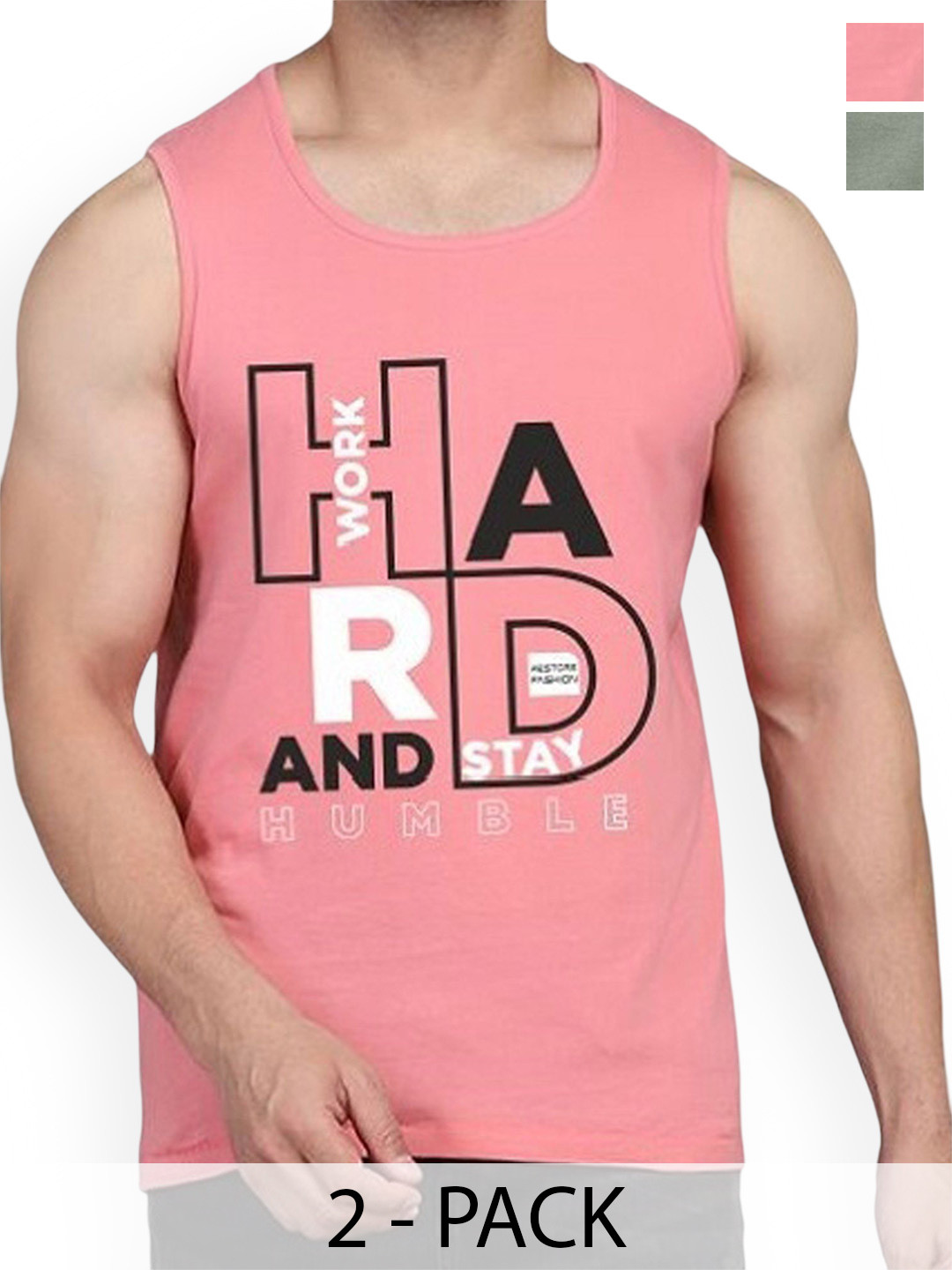 Woostro Pack Of 2 Printed Cotton Gym Vests RS26 CMB (HARD PEACH) (MORE LGTGREEN)