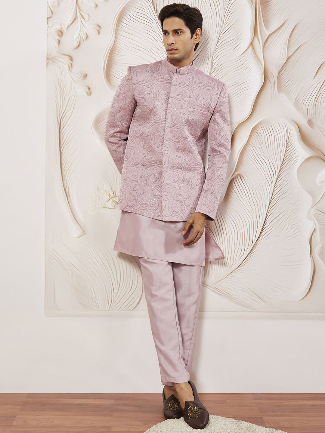 VASTRAMAY Mandarin Collar Straight Kurta With Trousers And Bandhgala Jodhpuri Waistcoat