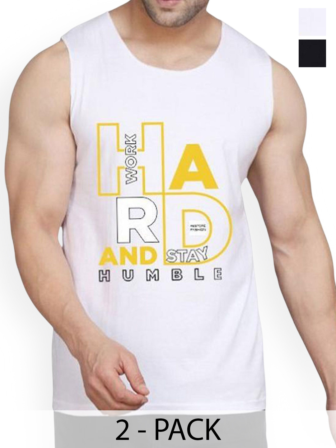 WOOSTRO Pack Of 2 Printed Cotton Gym Vests RS26 CMB (HARD WHITE) (HARD BLACK)
