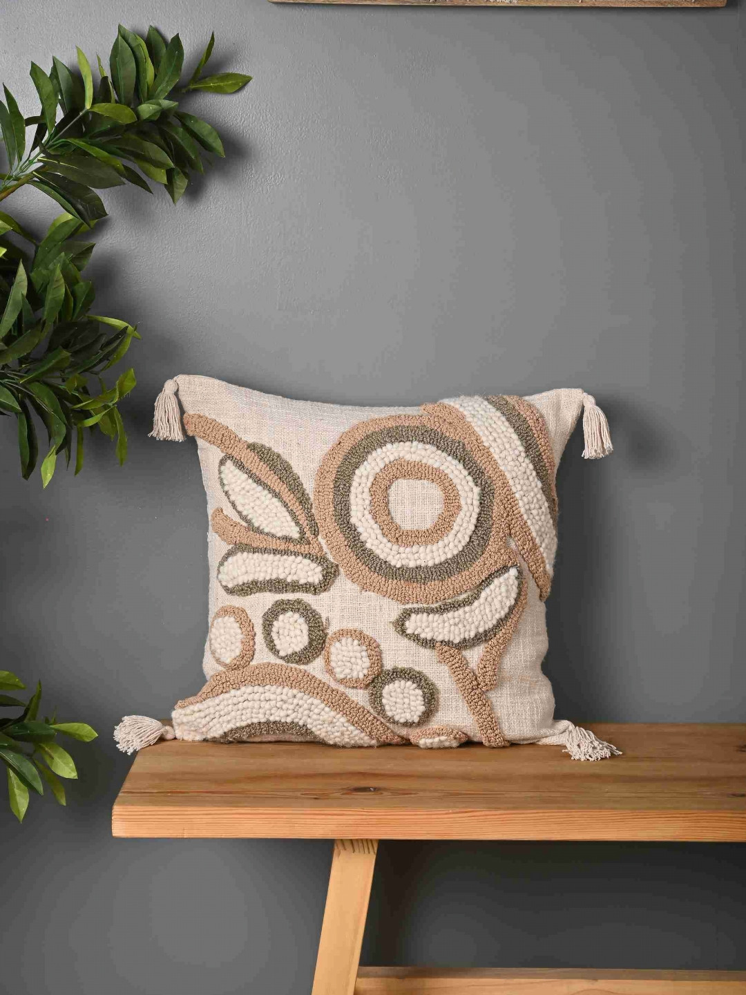 Aura White & Beige Embroidered Square Tasseled Cushion Cover