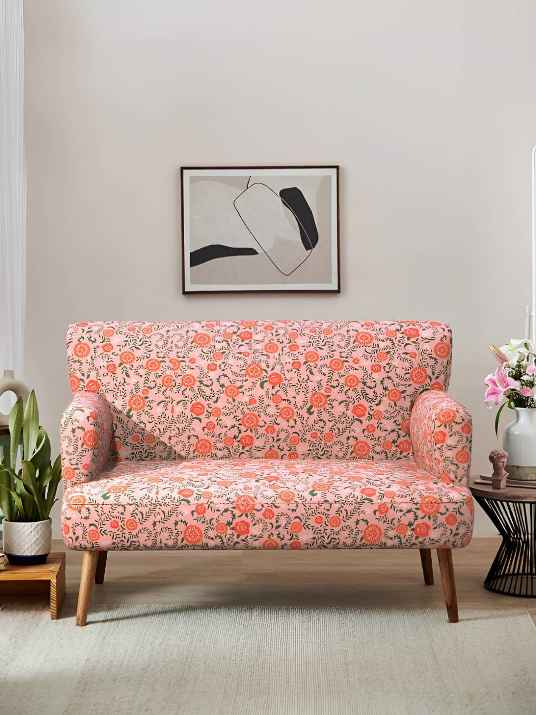 Chumbak Jodhpur Love Seat Earthy Florals Peach Orange & Green Two Seater Inflatable Sofa