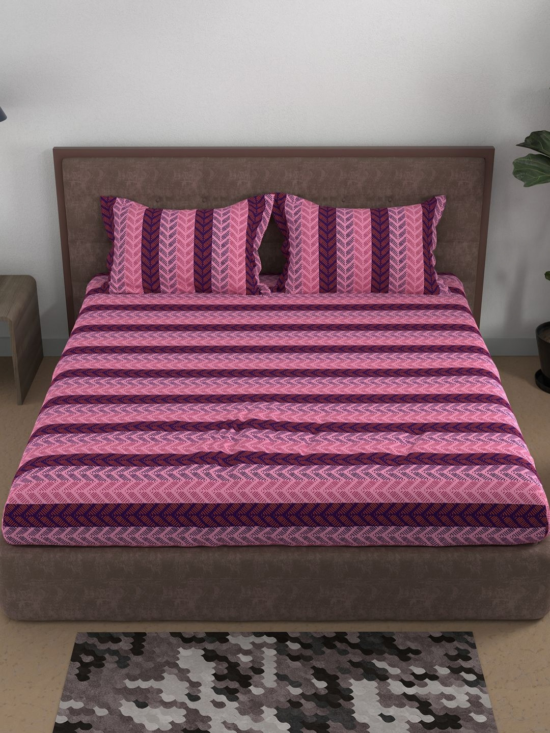 BELLA CASA Pink Geometric Cotton 180 TC Queen Fine Bedsheet with 2 Pillow Covers-106 x 87 inches