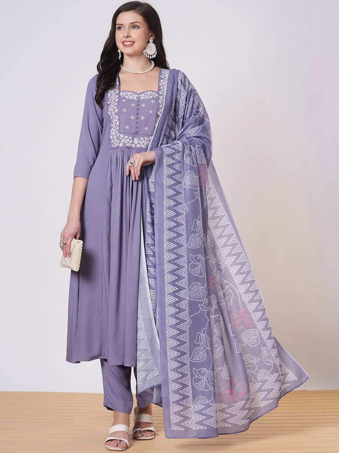 Anni Designer Square Neck Anarkali Kurta With Trousers And Dupatta