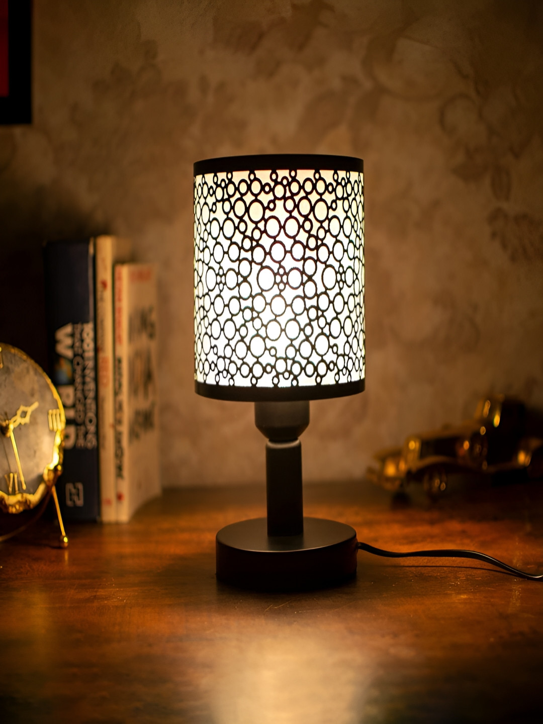 Craftlayout Black & White Textured Cylindrical Shaped Table Lamp With Bulb