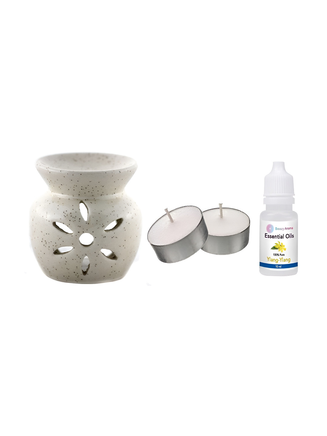 Jaamso Royals White & Silver Toned Diffuser With Aroma Oil & 2 Tea Light Candles