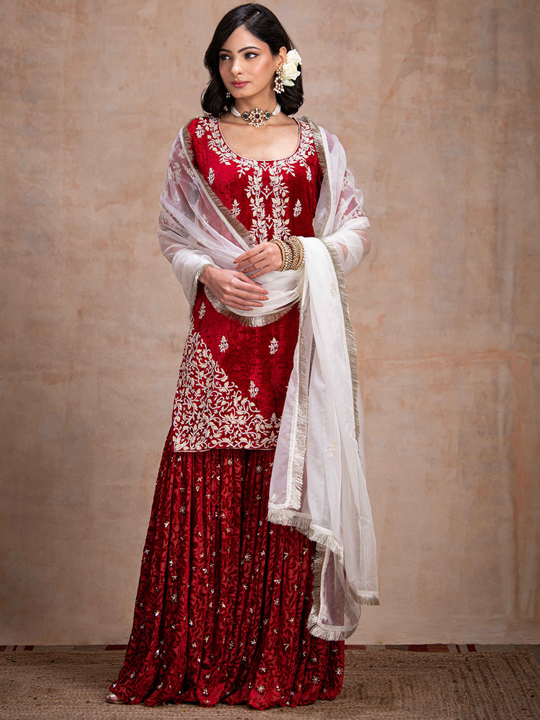 The Front Row Floral Embroidered Beaded Velvet Straight Kurti With Sharara & Dupatta