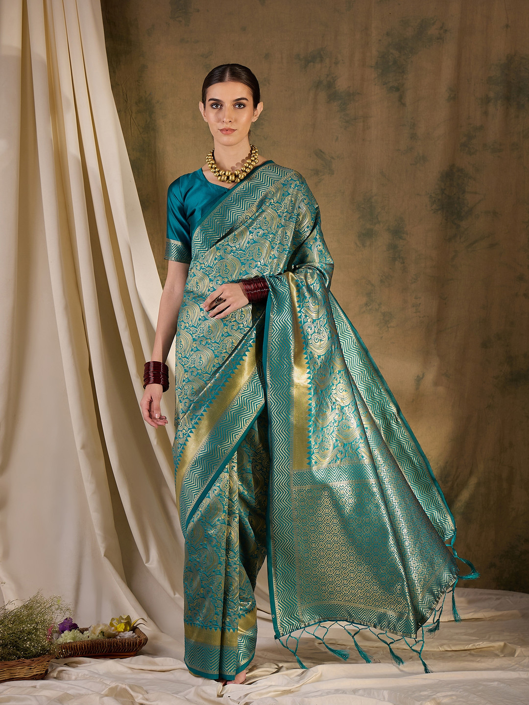 DEVATITHI Teal Banarasi Silk Saree