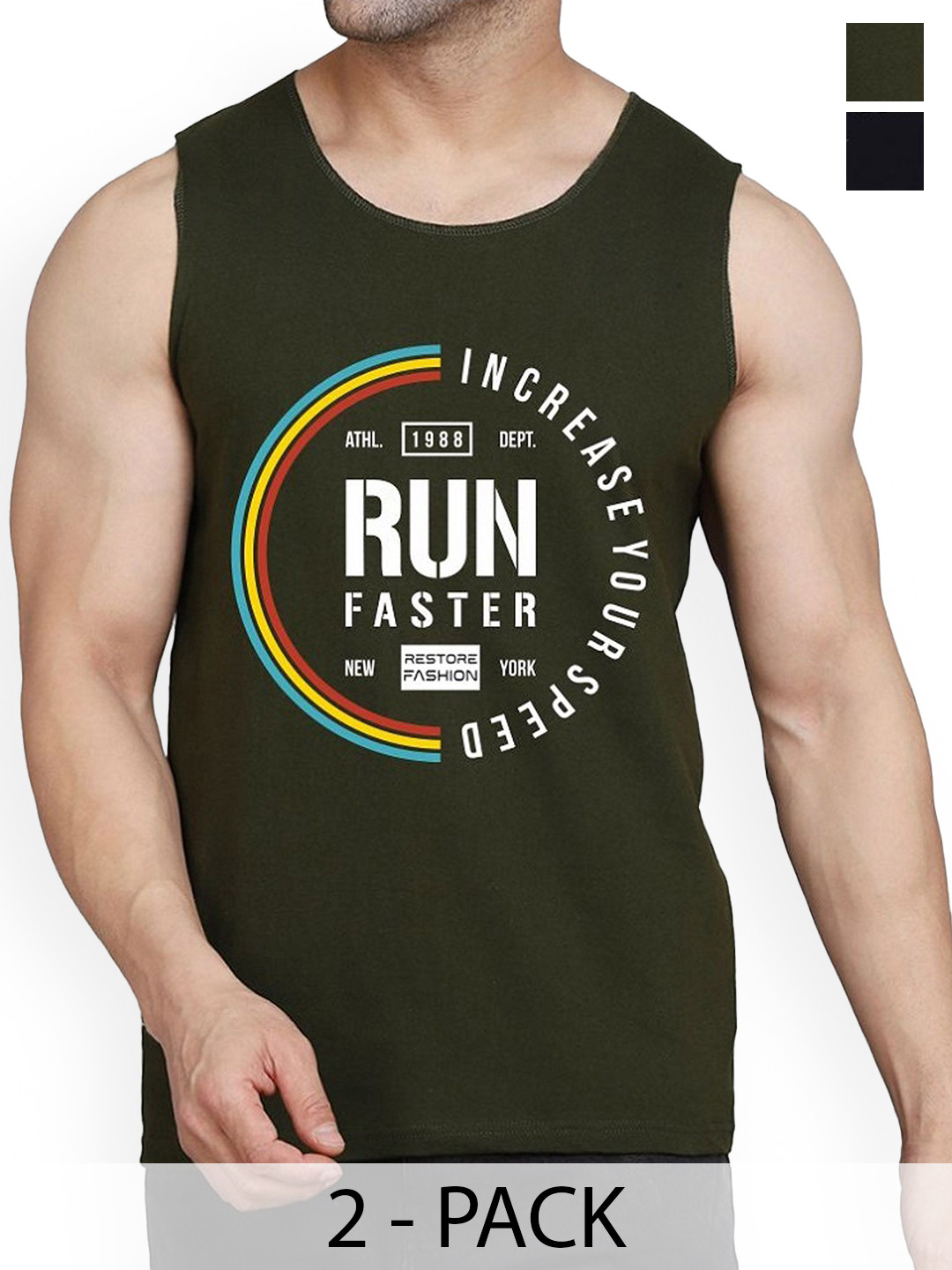 Woostro Pack Of 2 Printed Cotton Gym Innerwear Vests RS26 CMB (RUN OLIVE) (MORE BLACK)