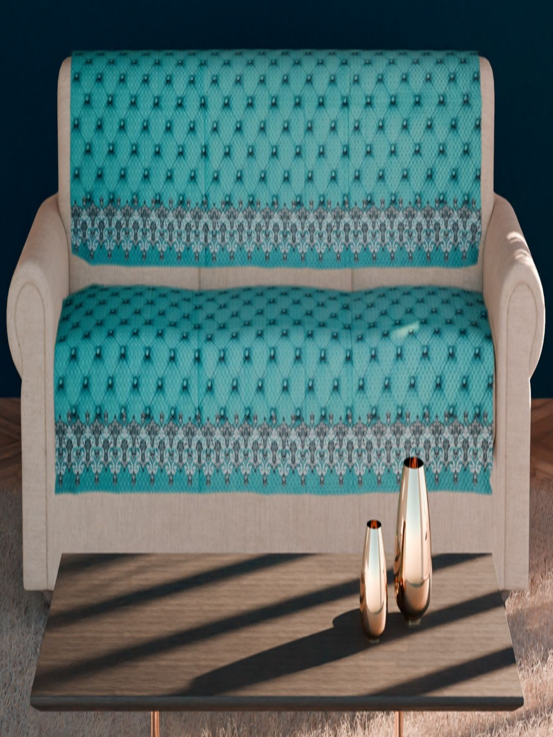 Fashion Throw Turquoise Blue & Grey 2 Pieces Ethnic Printed Velvet 4 Seater Sofa Covers