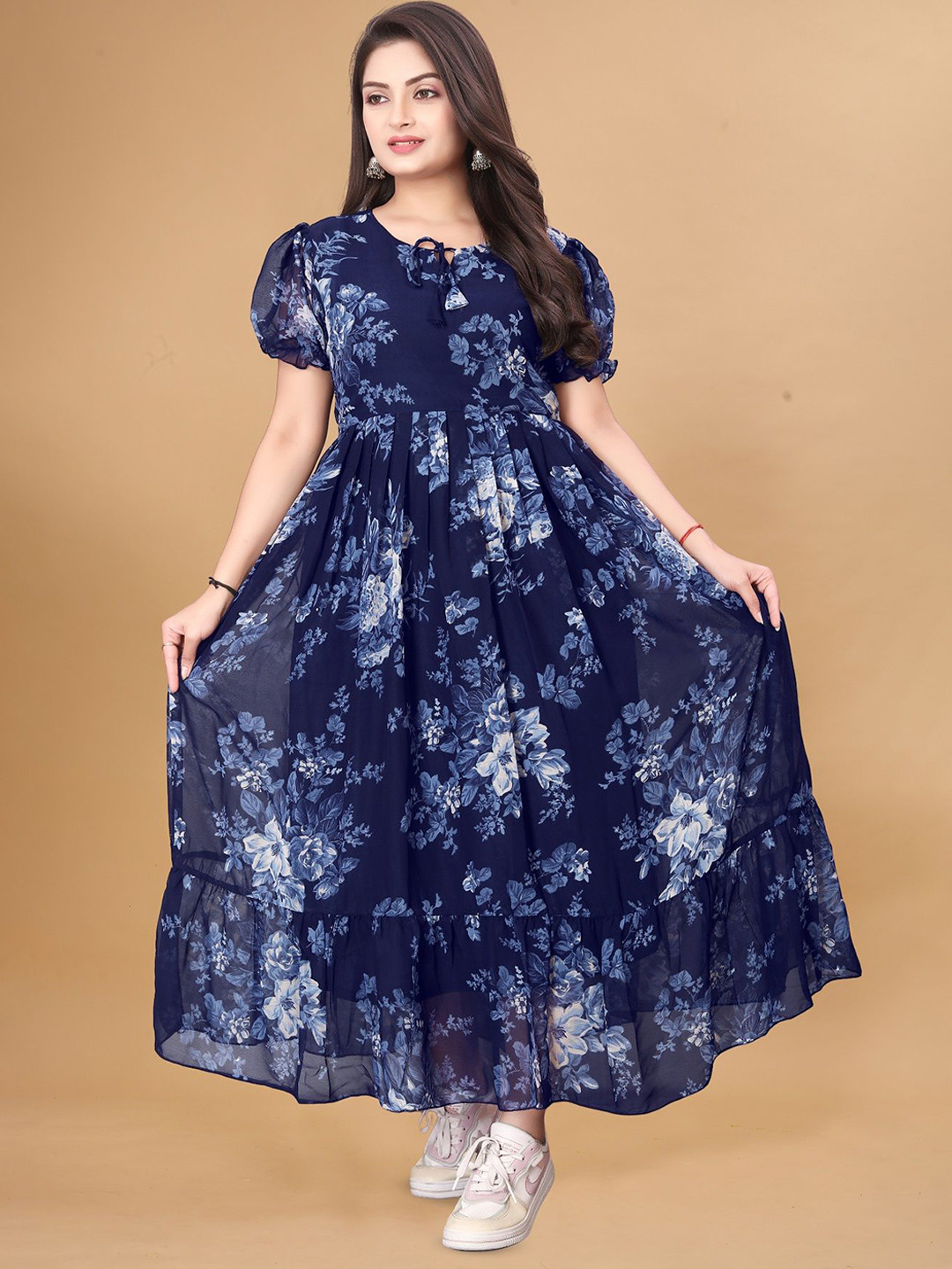 KRISHTI CREATION Floral Printed Puff Sleeve Georgette Tiered Fit & Flare Maxi Dress
