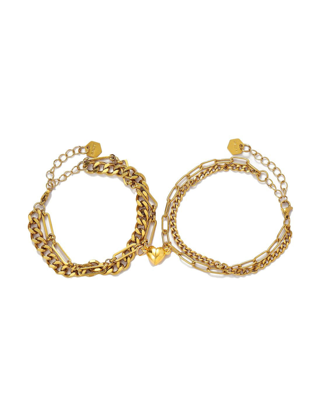 SALTY Women Set of 2 Stainless Steel Couple Love Lock Heart Link Bracelets