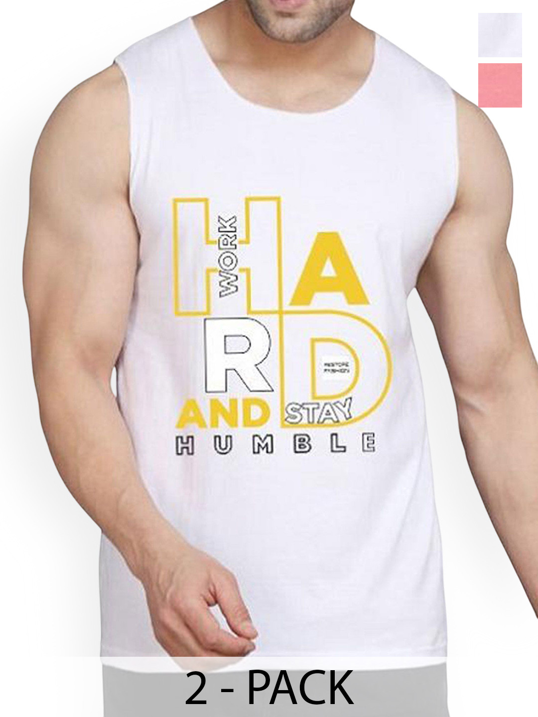 WOOSTRO Pack Of 2 Printed Cotton Gym Vests RS26 CMB (HARD WHITE) (RUN PEACH)