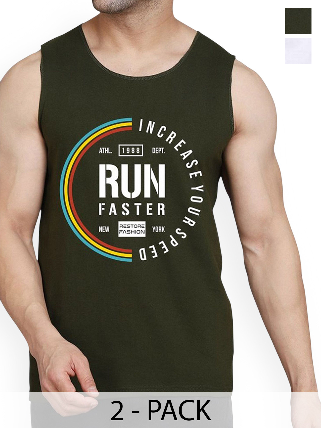 WOOSTRO Men 2Pcs Printed Cotton Innerwear Vests RS26 CMB (MORE WHITE) (RUN OLIVE)