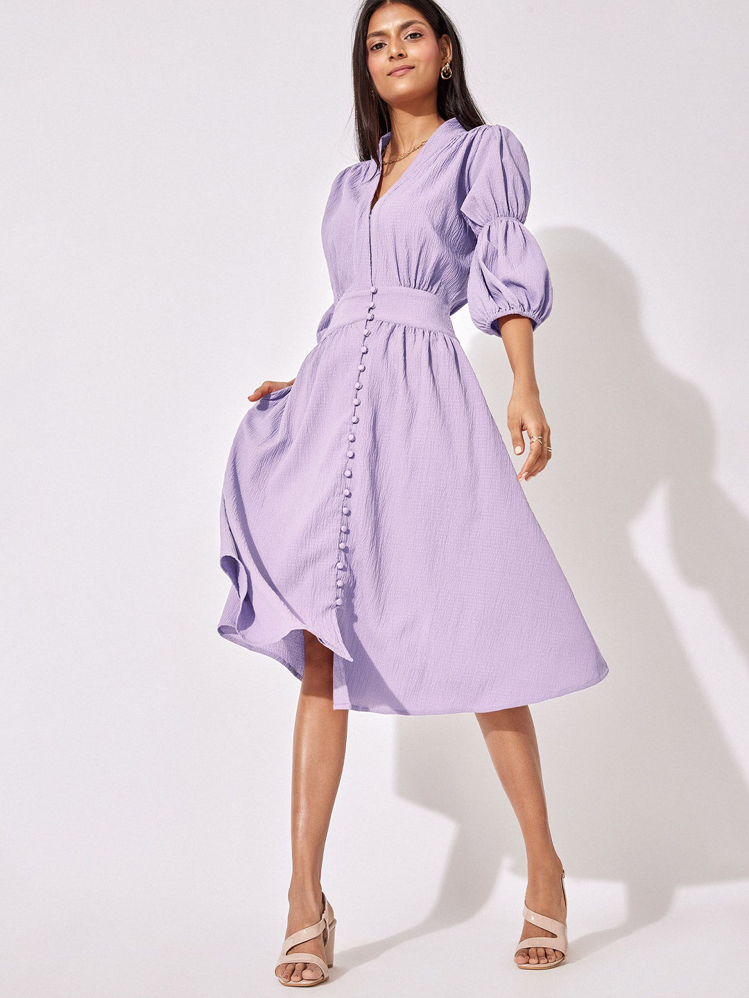 The Label Life Women Lilac Puff Sleeve Midi Dress