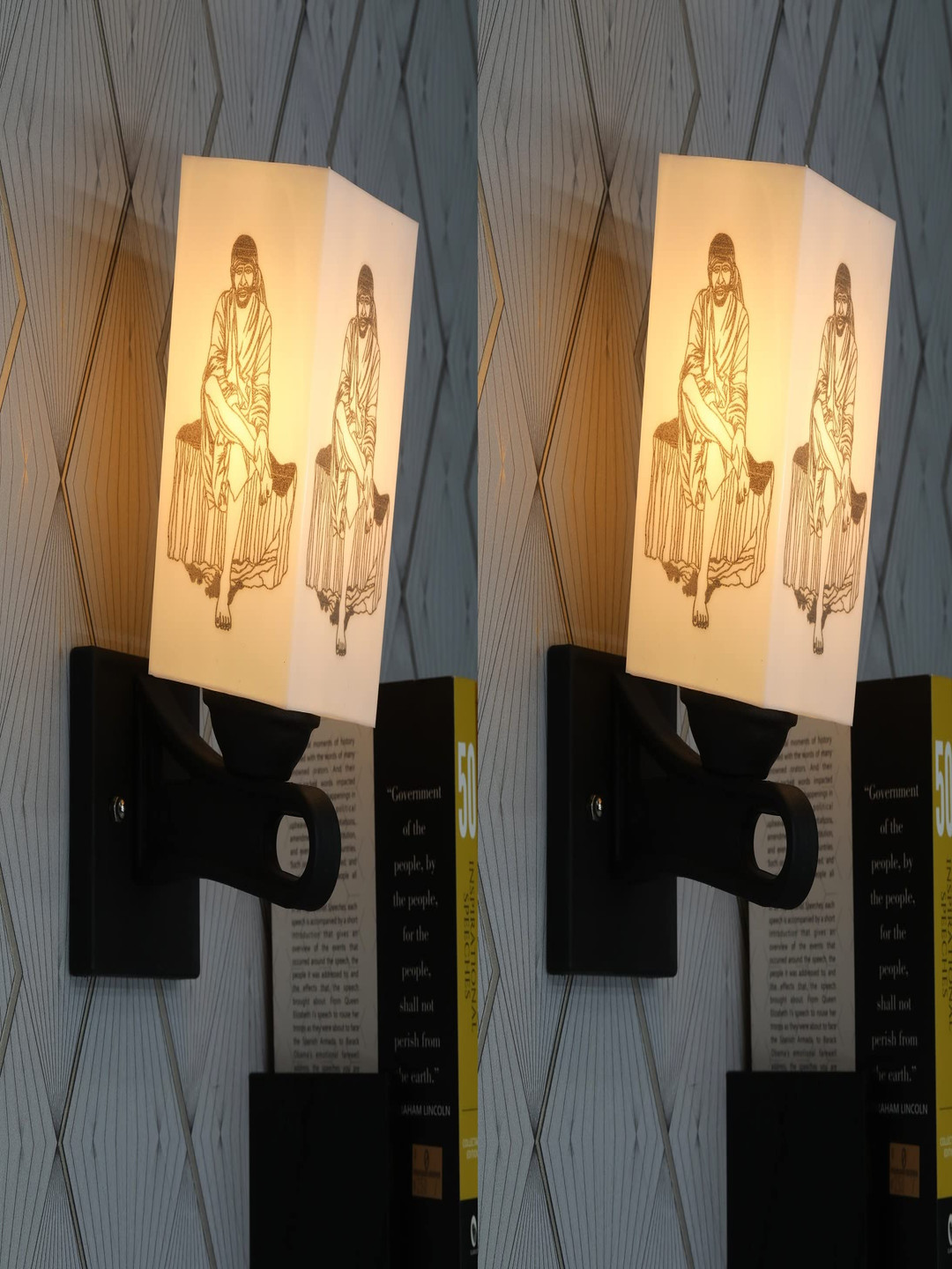 Gojeeva Black & White 2 Pieces Lord Saibaba Printed Metal Rectangle Shaped Wall Lamps
