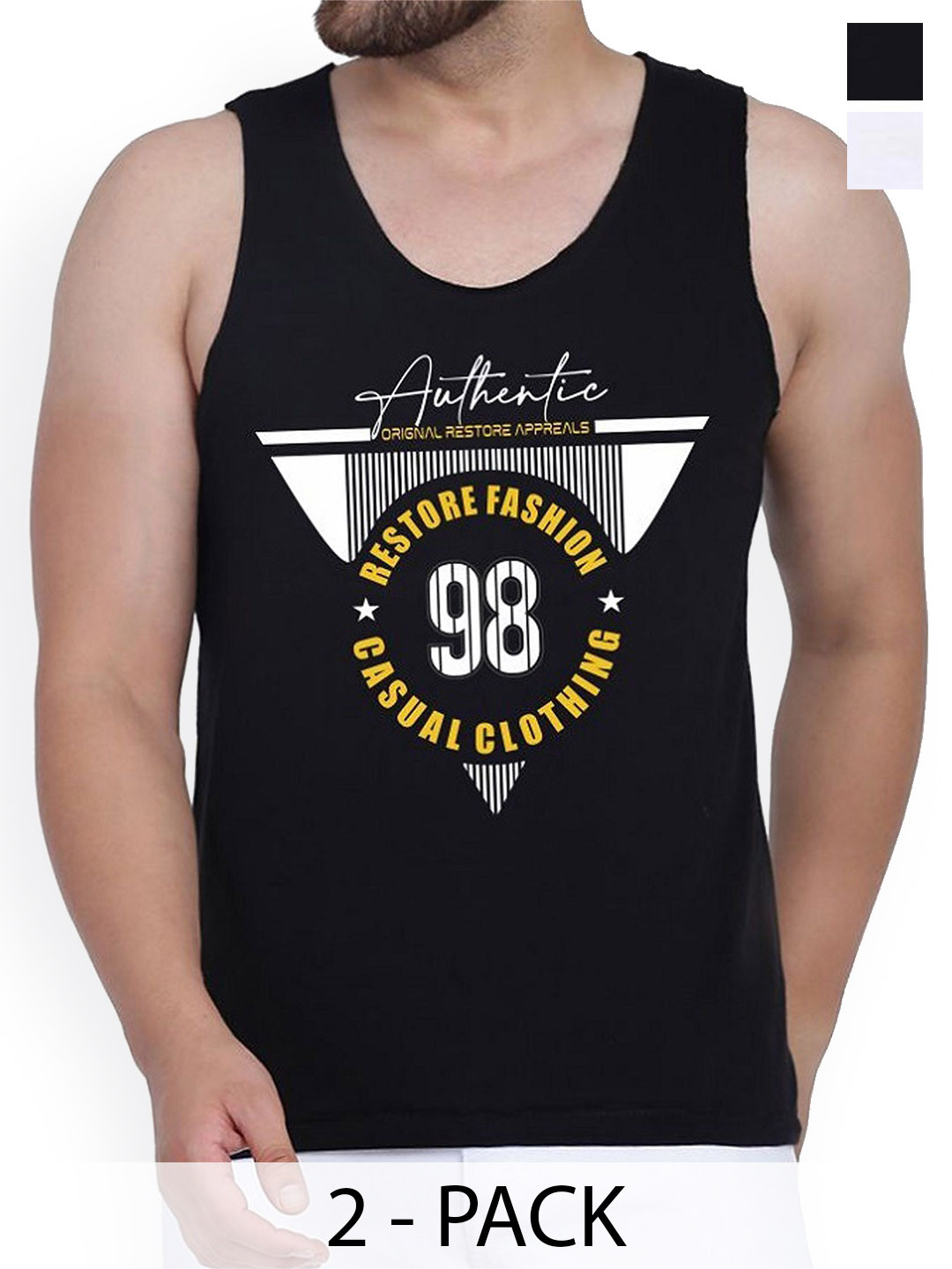 Woostro Pack Of 2 Printed Cotton Gym Innerwear Vests RS26 CMB (RUN WHITE) (98 BLACK)