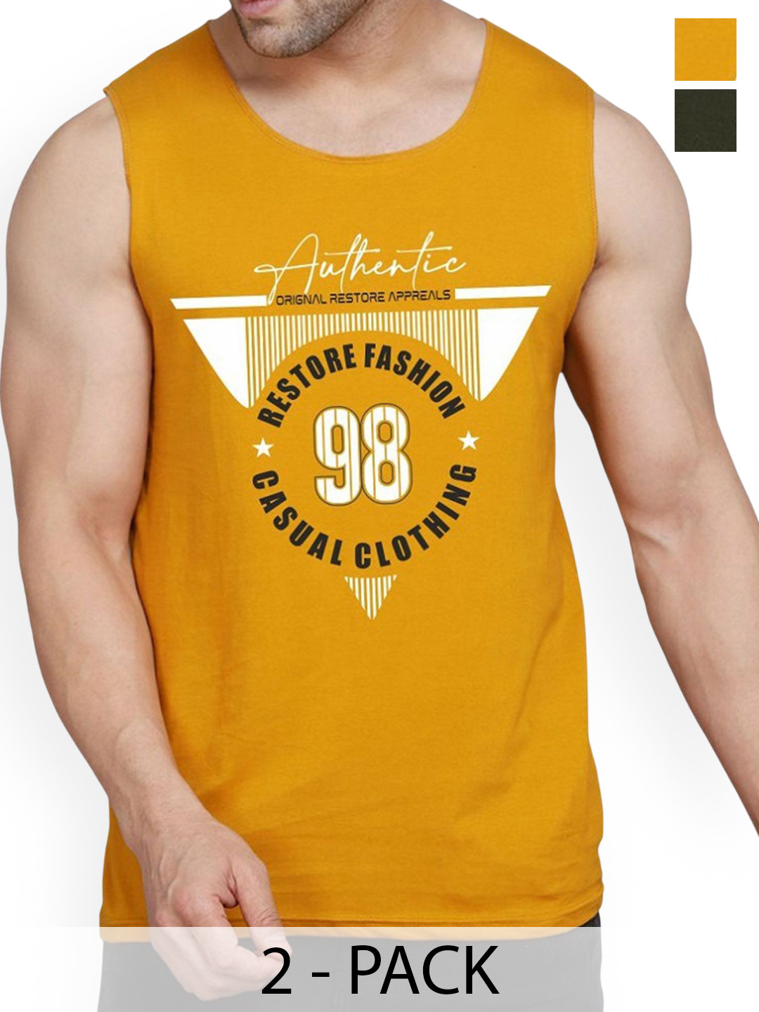 WOOSTRO Men Pack Of 2 Printed Innerwear Vests - RS26 CMB (MORE OLIVE) (98 MUSTARD)