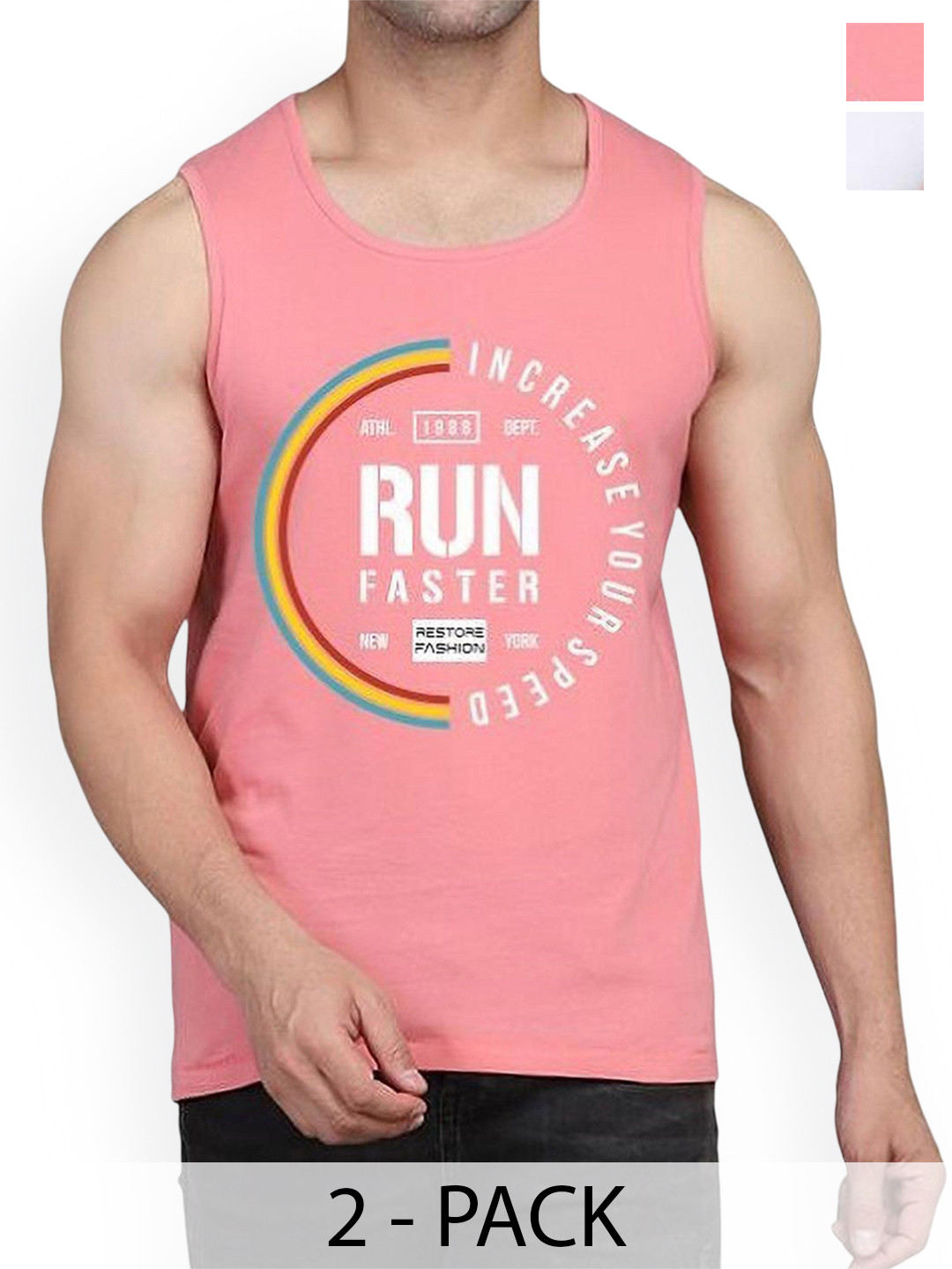 Woostro Pack Of 2 Printed Cotton Gym Innerwear Vests RS26 CMB (RUN PEACH) (RUN WHITE)