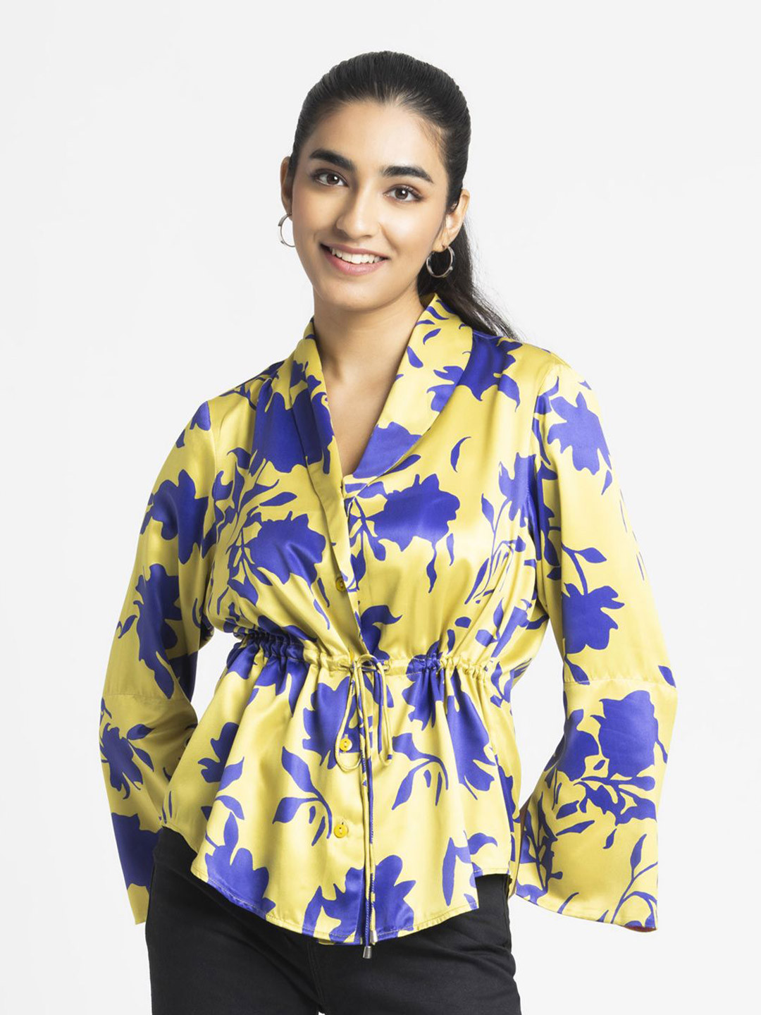 SHAYE Women Shawl Collar Floral Printed Satin Cinched Waist Top