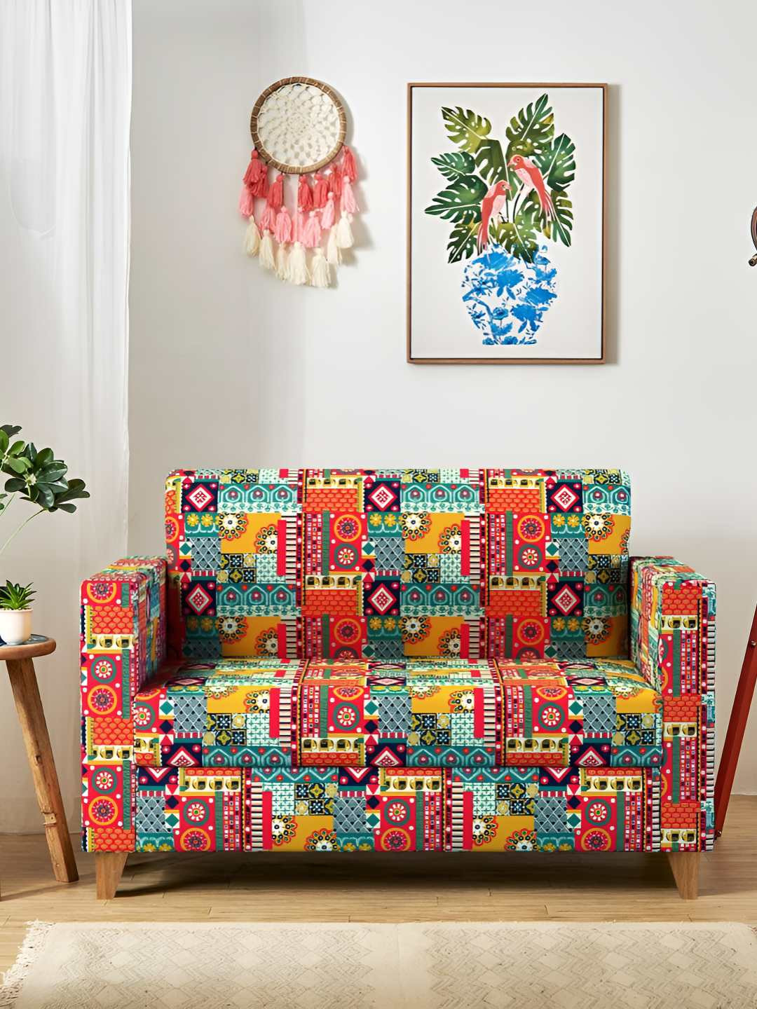 Chumbak Modern Loveseat Floral Swirls Red & Green Printed Two Seater Inflatable Sofa