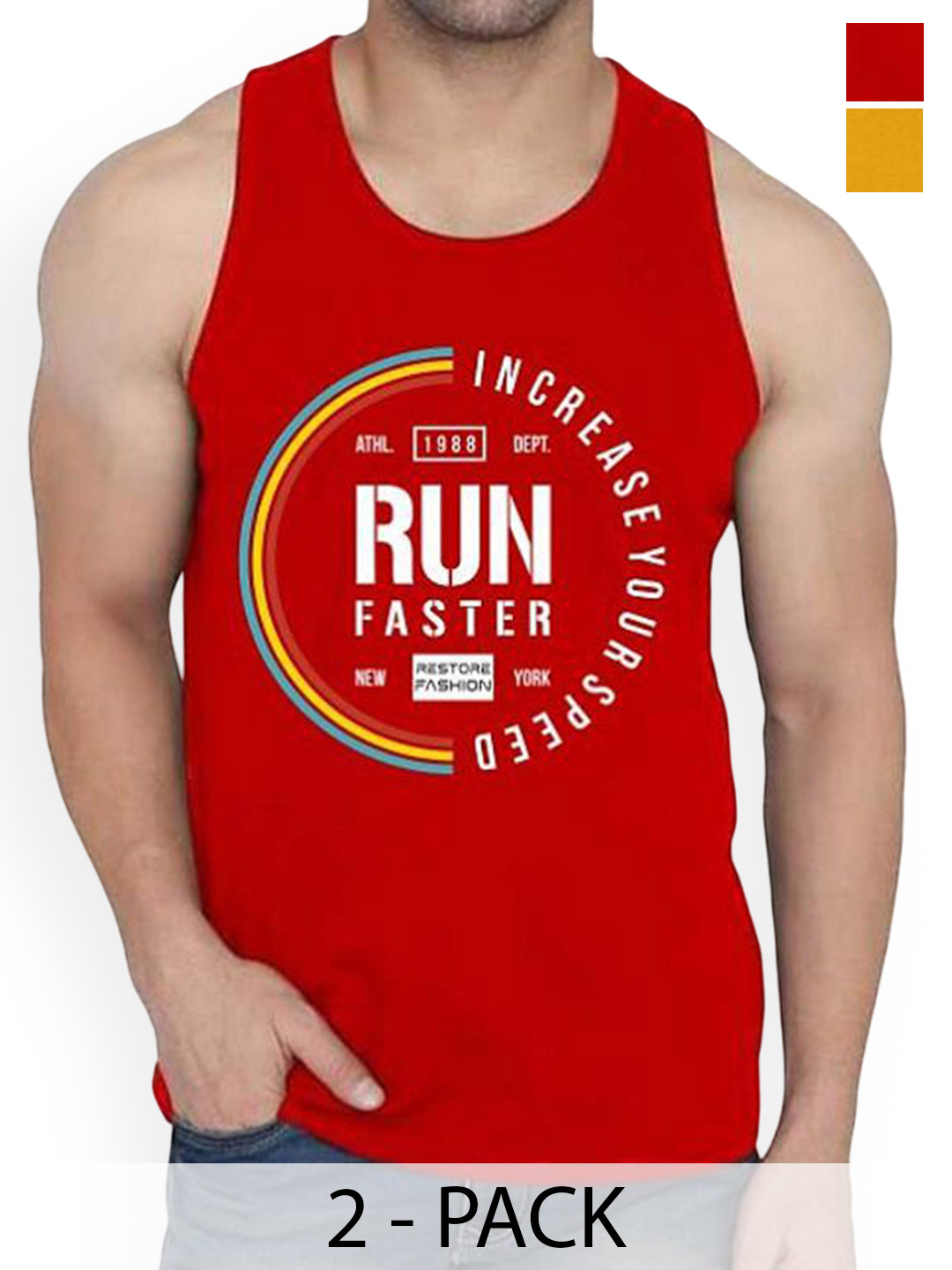WOOSTRO Pack Of 2 Printed Combed Cotton Gym Vest RS26 CMB (HARD MUSTARD) (RUN RED)