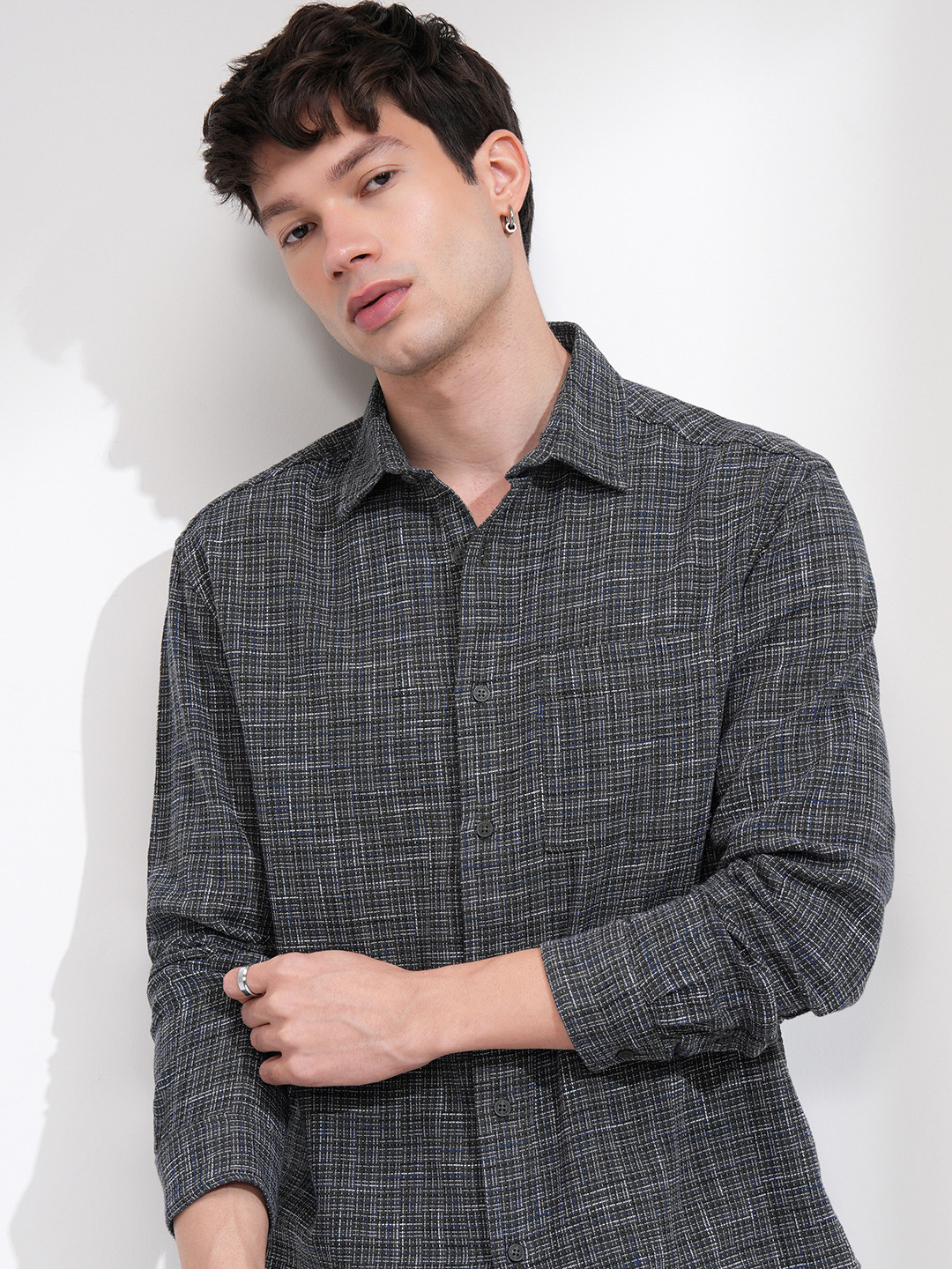 HIGHLANDER Men Spread Collar Textured Cotton Casual Relaxed Fit Shirt