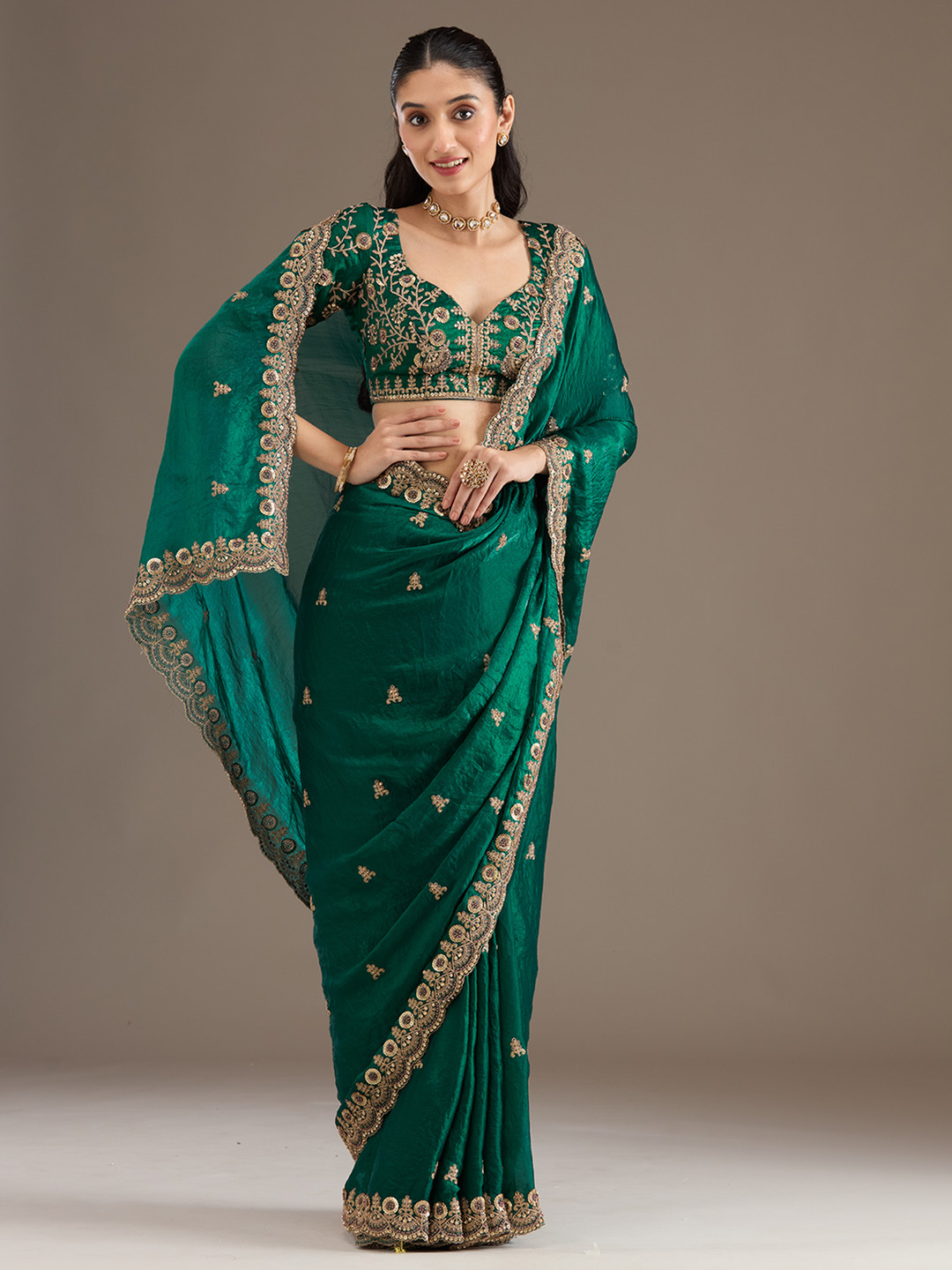 Koskii Peacock Green Embellished Tissue Saree