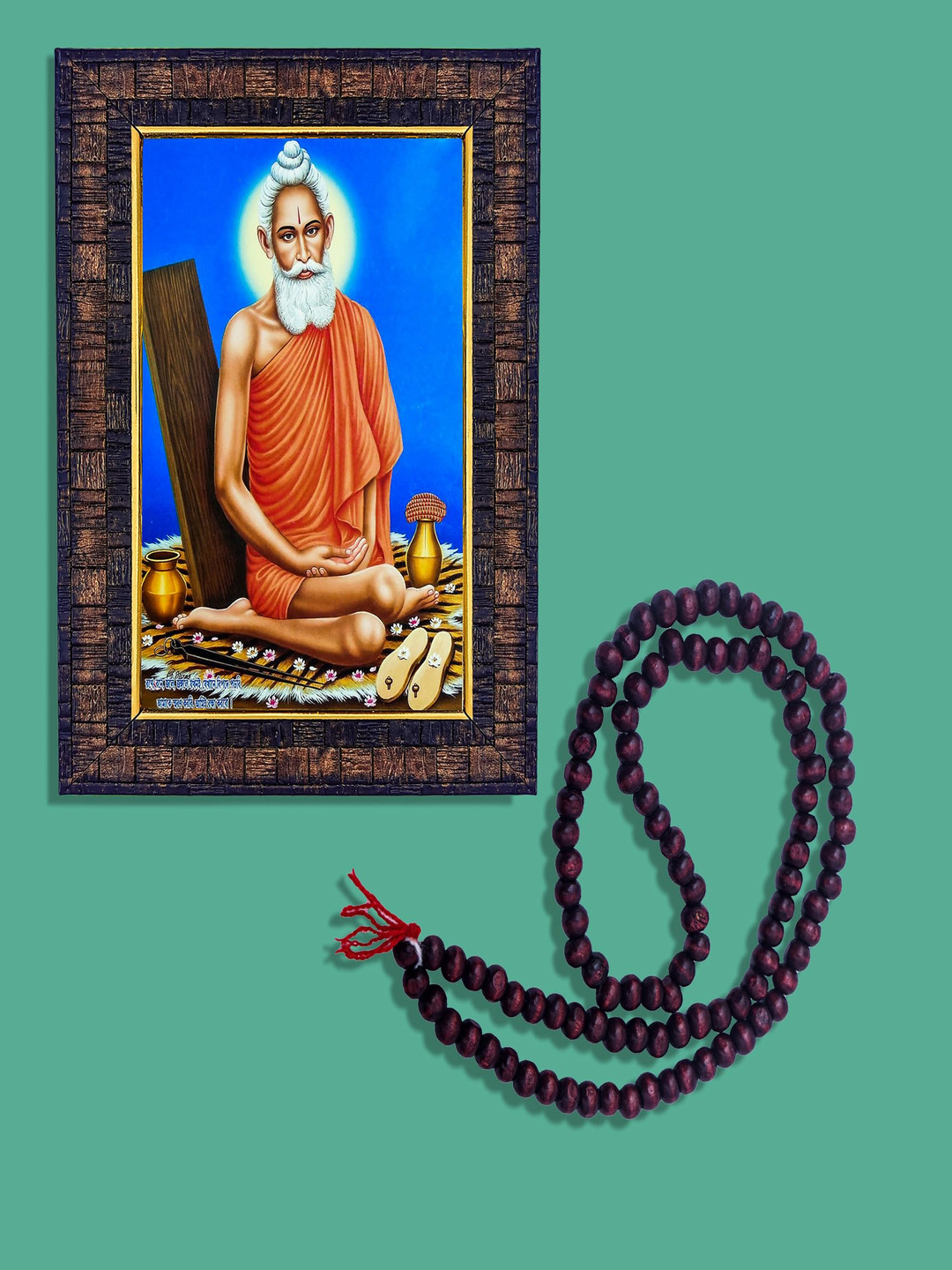 Hawai Black & Red Lokenath Baba Photo frame With 108 Beads Mala Wooden Photo Frame