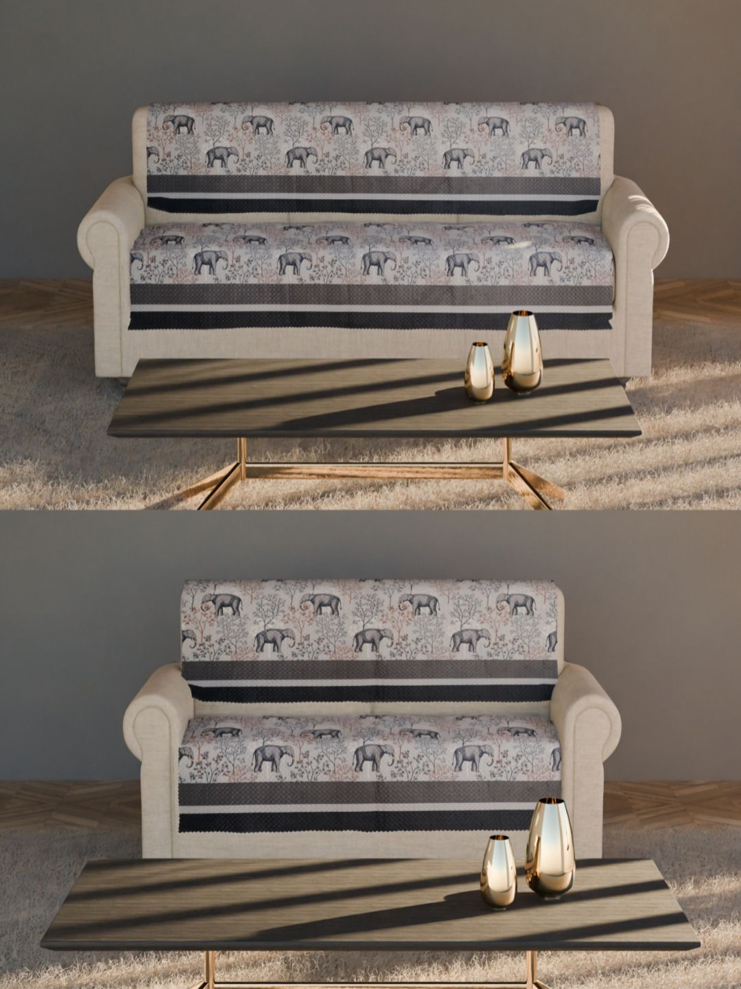 Fashion Throw Grey & Beige 4 Pieces Elephant Printed Velvet 5 Seater Sofa Covers