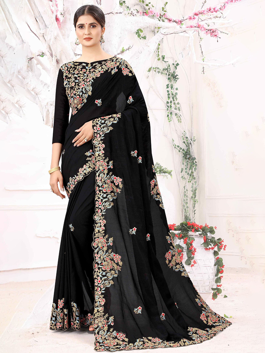 DIVINE EXIM Floral Embroidered Saree