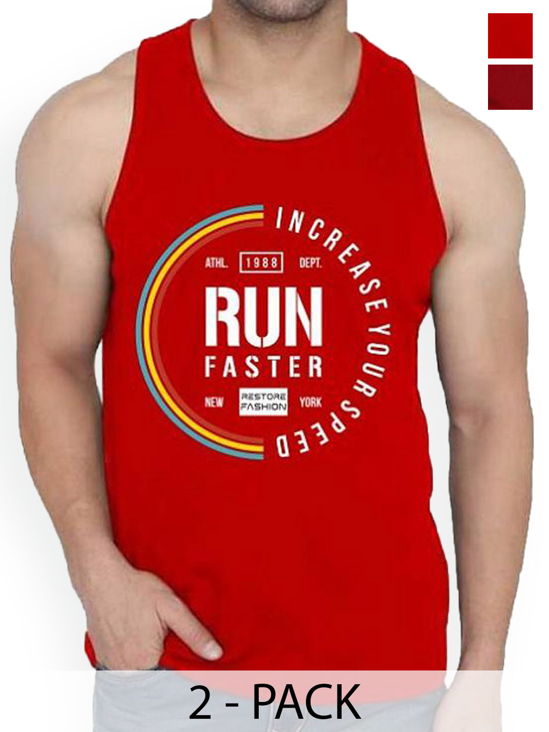 Woostro Pack Of 2 Printed Cotton Gym Innerwear Vests RS26 CMB (RUN RED) (MORE MAROON)